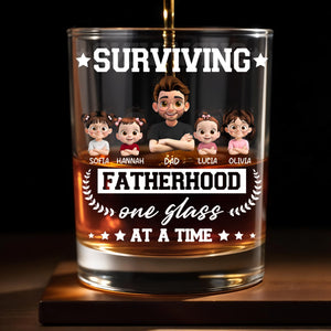 Surviving Fatherhood One Glass At A Time, Cartoon Family - Personalized Custom Whiskey Glass - DAD115_RWG