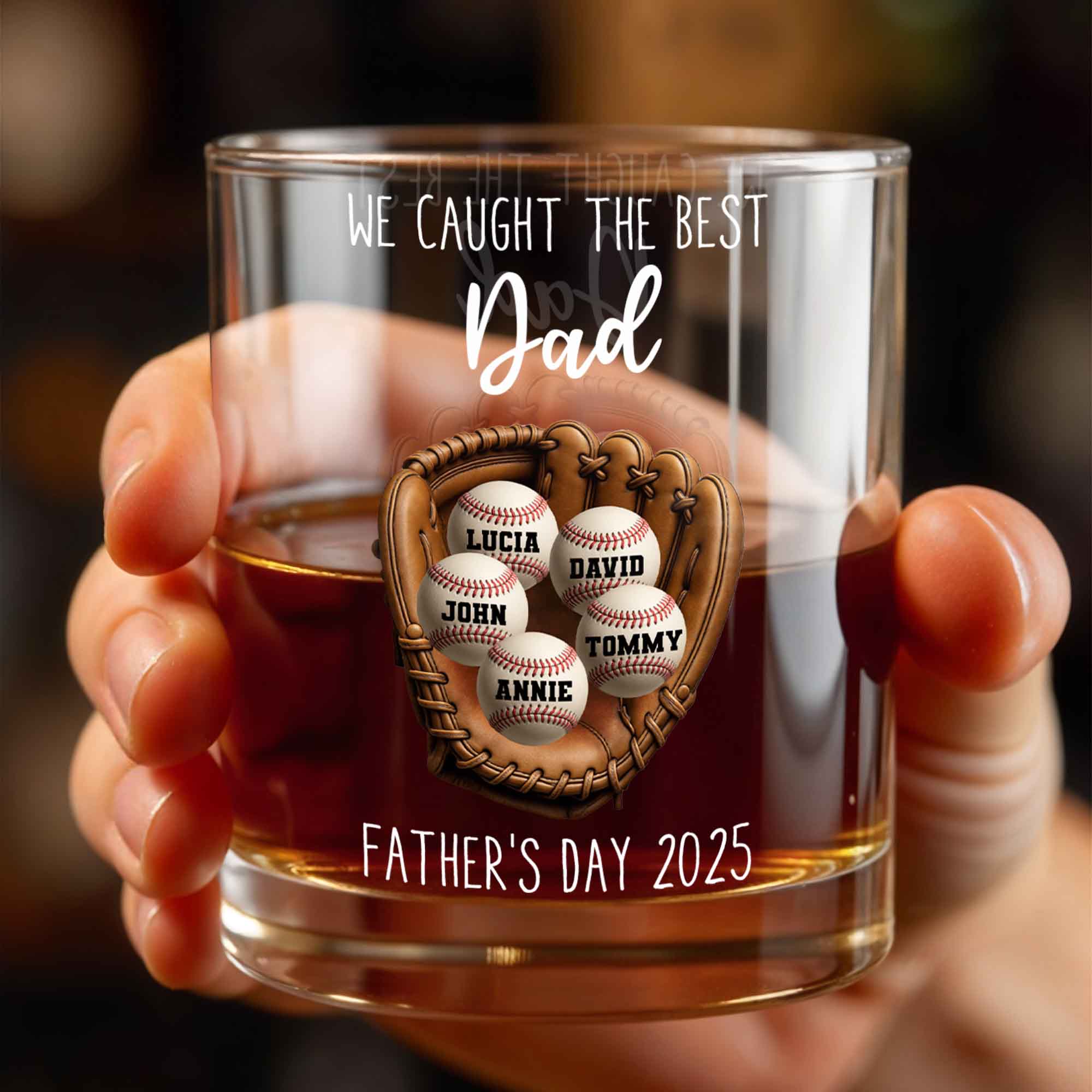 We Caught the Best Dad Baseball and Glove Design - Personalized Custom Whiskey Glass - DAD117_RWG