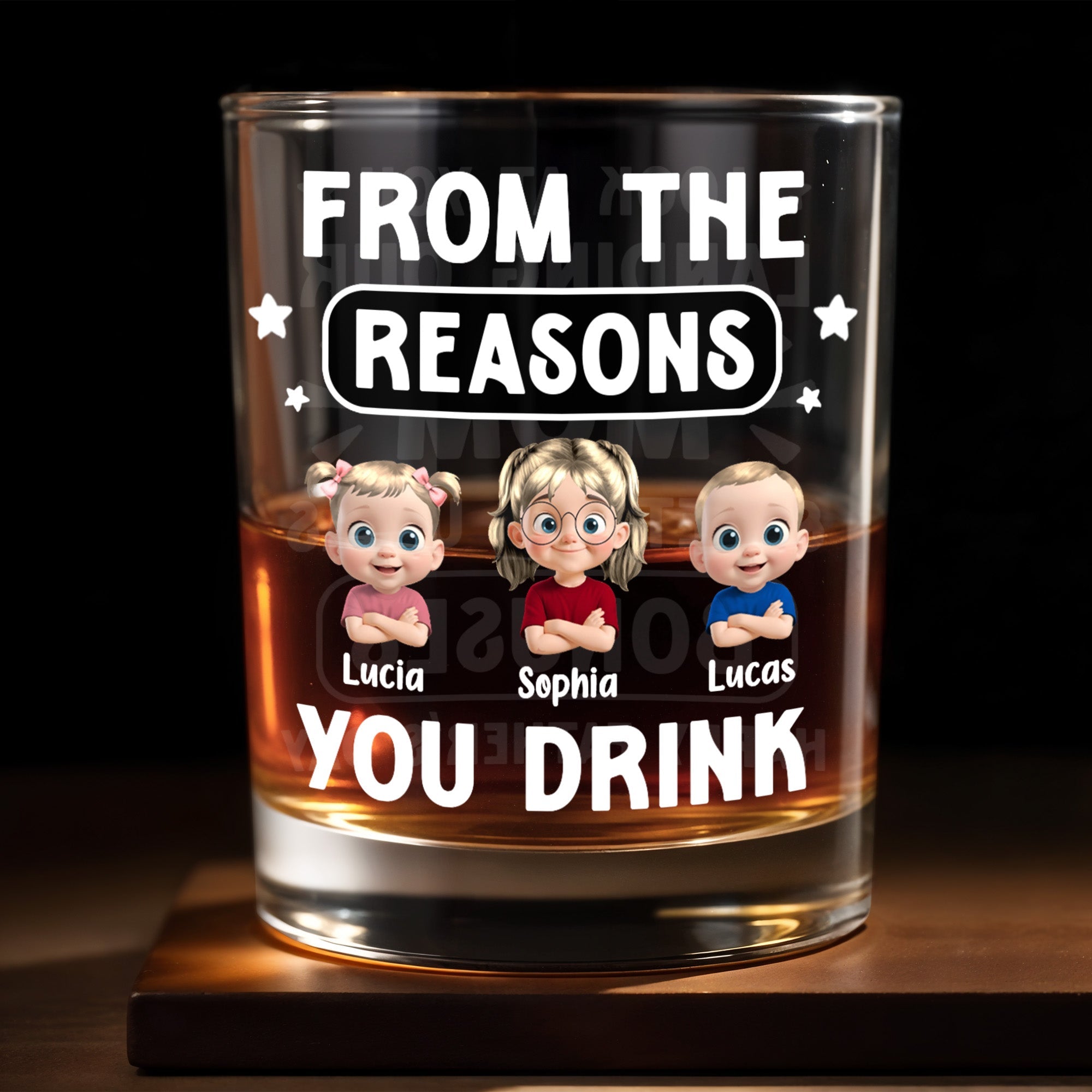 From The Reasons You Drink, Cartoon Children and Stars - Personalized Custom Whiskey Glass - DAD195_RWG