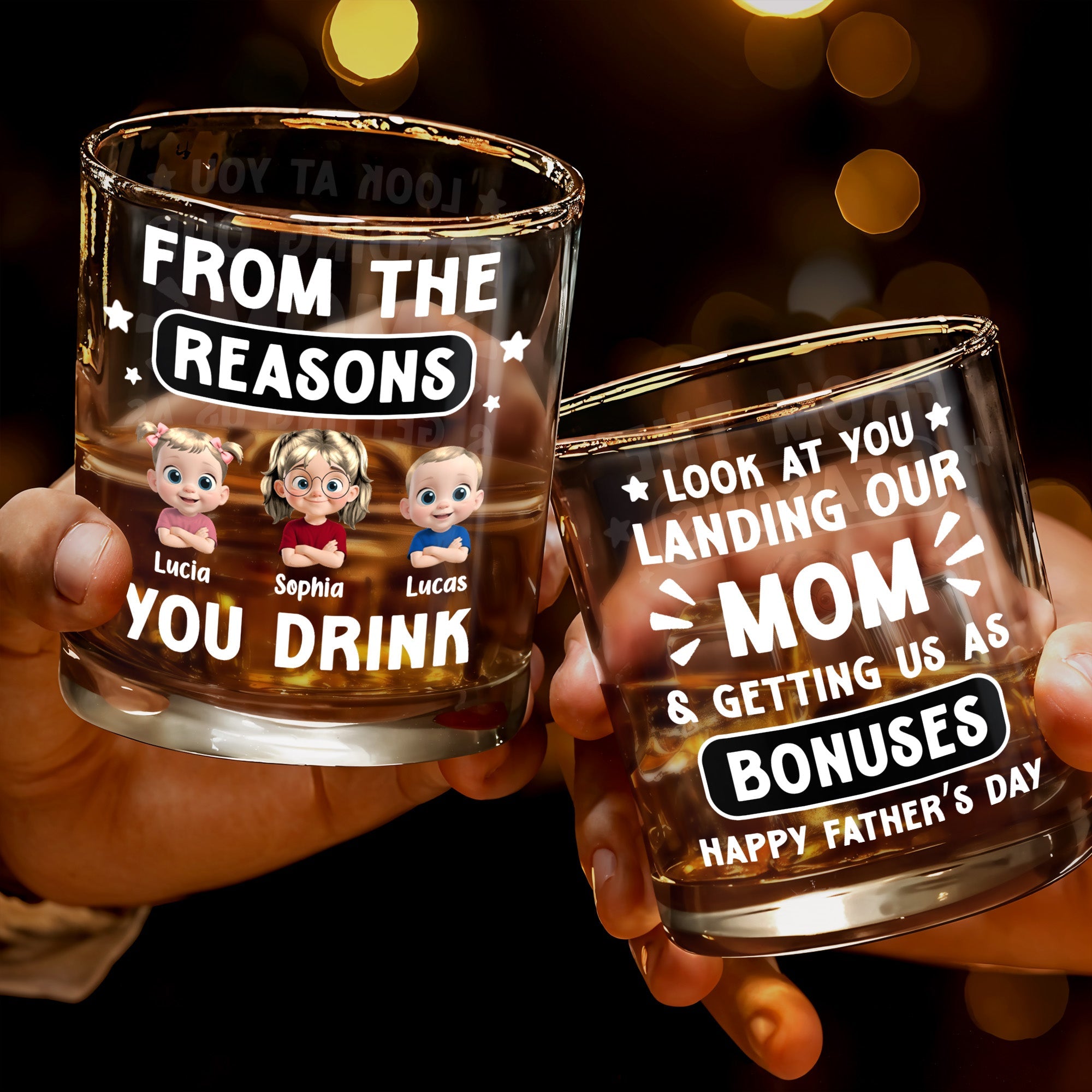 From The Reasons You Drink, Cartoon Children and Stars - Personalized Custom Whiskey Glass - DAD195_RWG