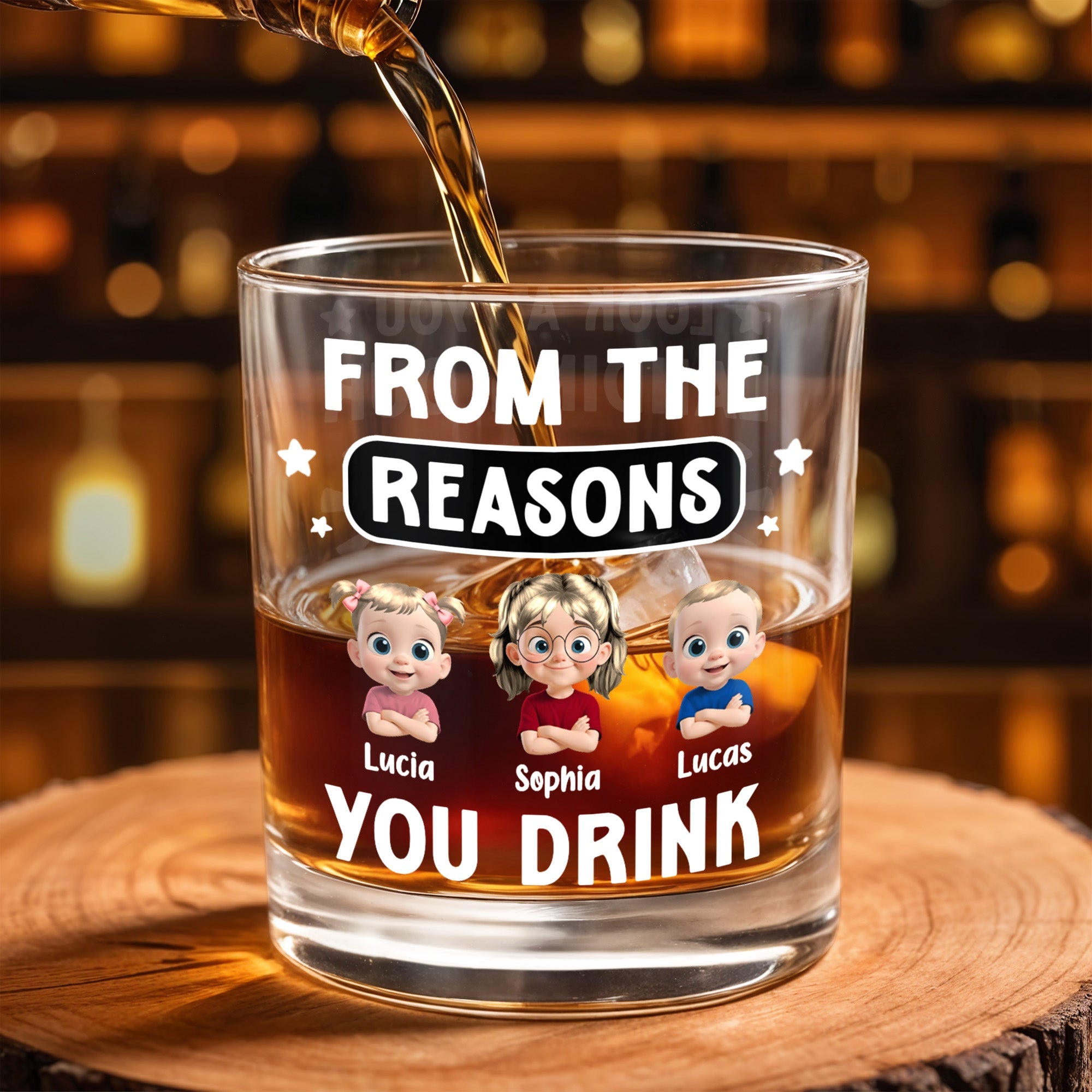From The Reasons You Drink, Cartoon Children and Stars - Personalized Custom Whiskey Glass - DAD195_RWG
