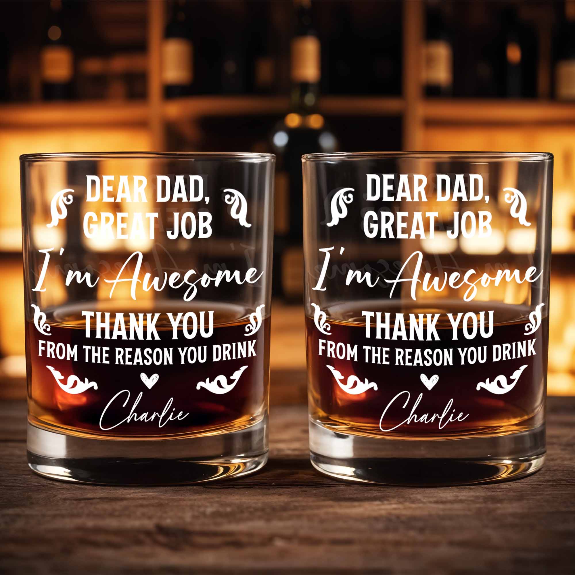 Dear Dad, Great Job I'm Awesome, Swirls And Hearts Design - Personalized Custom Whiskey Glass - DAD278_RWG
