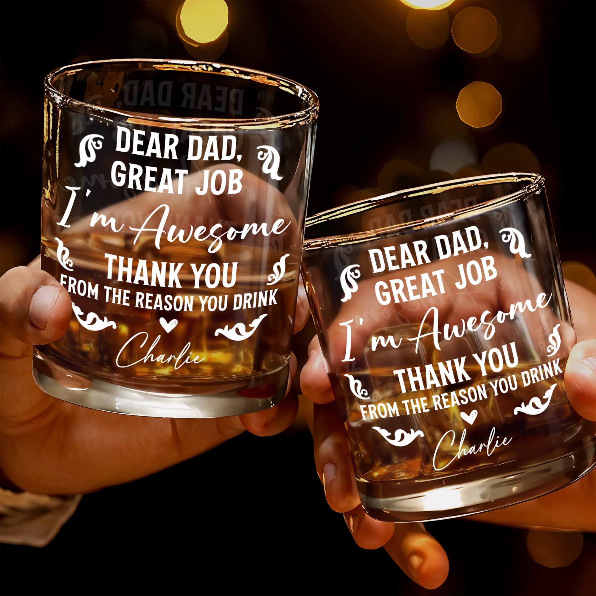 Dear Dad, Great Job I'm Awesome, Swirls And Hearts Design - Personalized Custom Whiskey Glass - DAD278_RWG