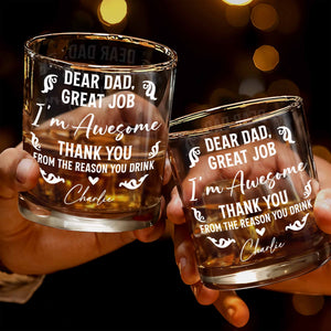 Dear Dad, Great Job I'm Awesome, Swirls And Hearts Design - Personalized Custom Whiskey Glass - DAD278_RWG