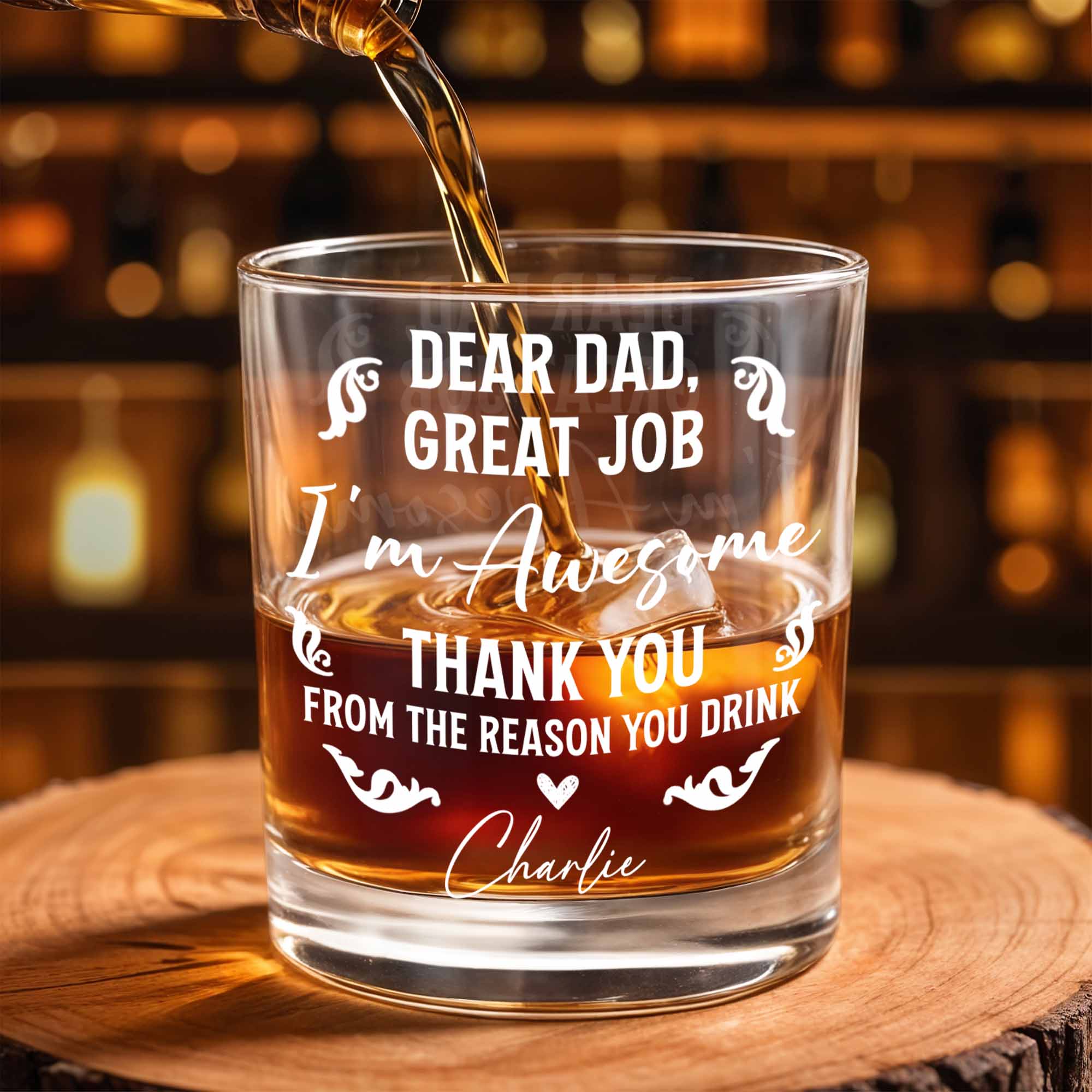 Dear Dad, Great Job I'm Awesome, Swirls And Hearts Design - Personalized Custom Whiskey Glass - DAD278_RWG