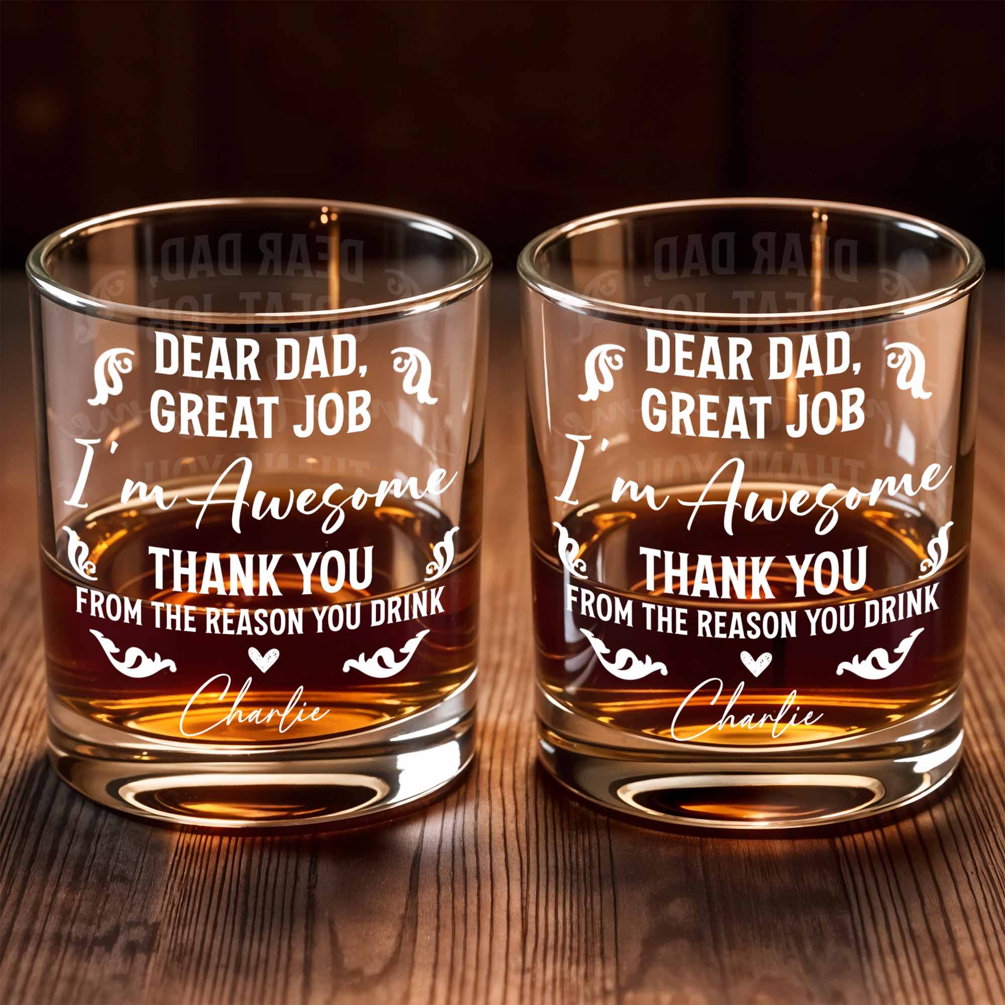 Dear Dad, Great Job I'm Awesome, Swirls And Hearts Design - Personalized Custom Whiskey Glass - DAD278_RWG