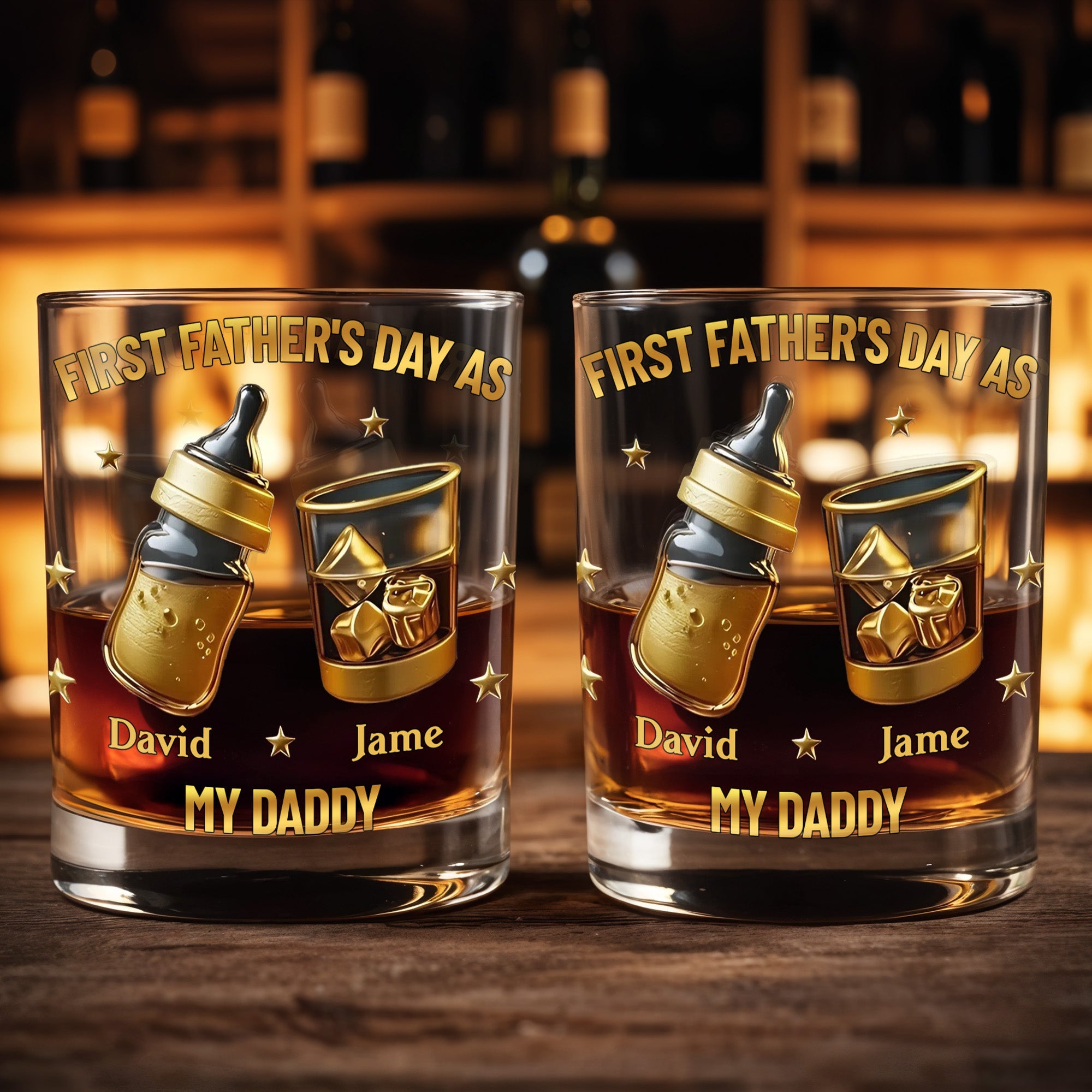 First Father's Day As My Daddy With Baby Bottle And Whiskey Glass - Personalized Custom Whiskey Glass - DAD282_RWG