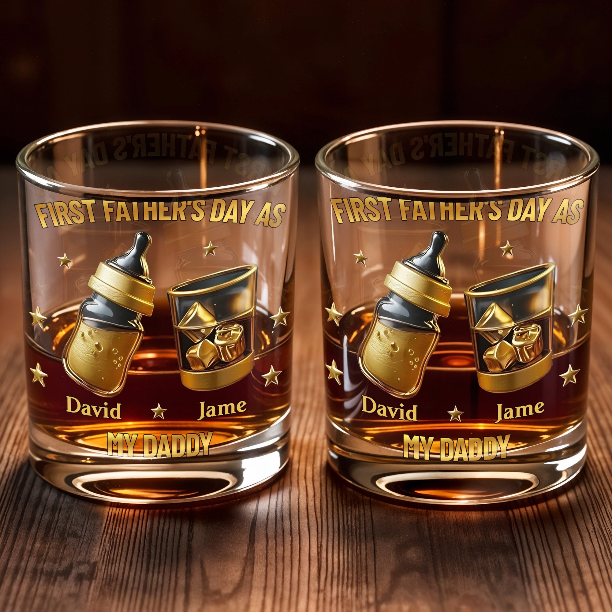 First Father's Day As My Daddy With Baby Bottle And Whiskey Glass - Personalized Custom Whiskey Glass - DAD282_RWG
