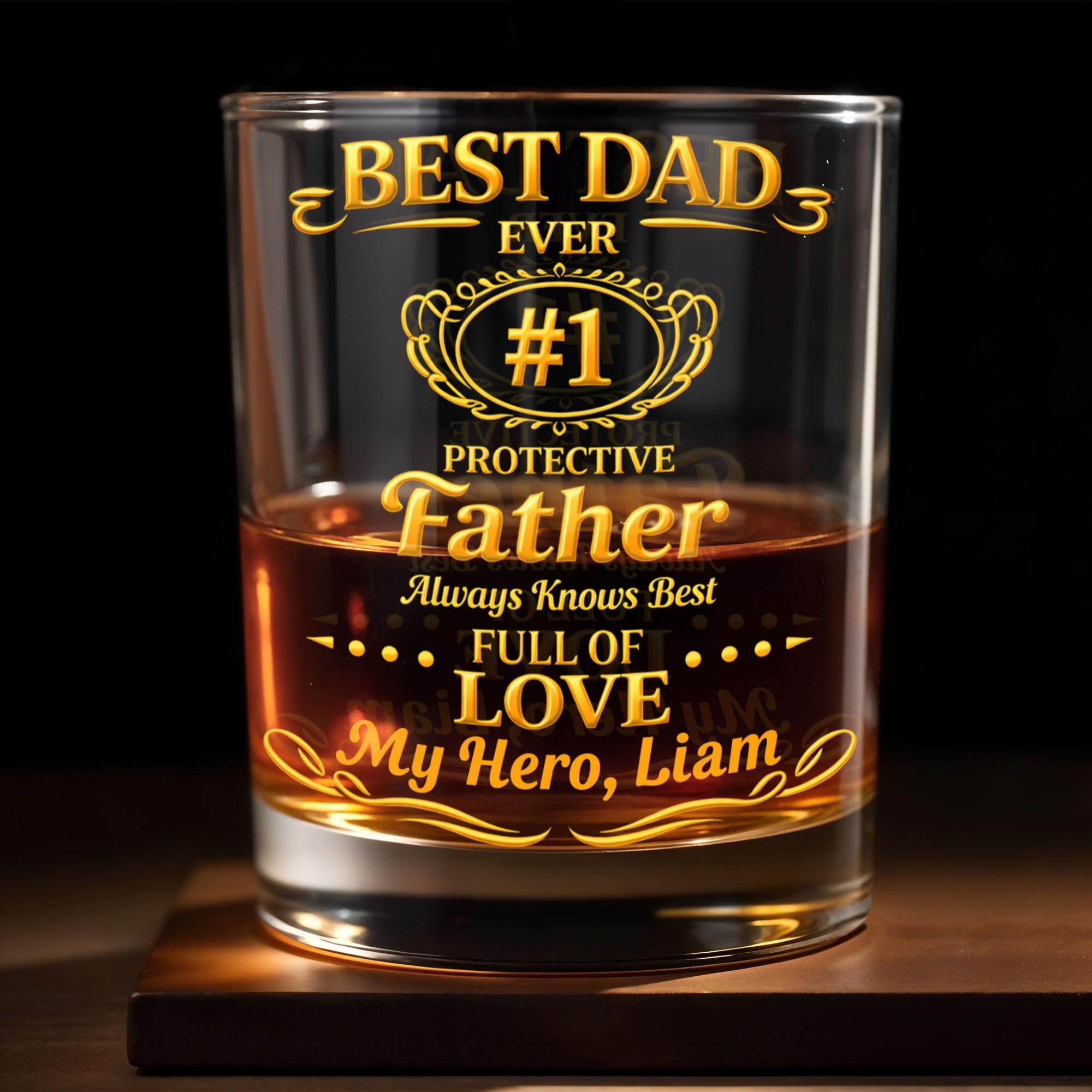 Best Dad Ever Protective Father My Hero Golden Frame - Personalized Custom Whiskey Glass - DAD295_RWG