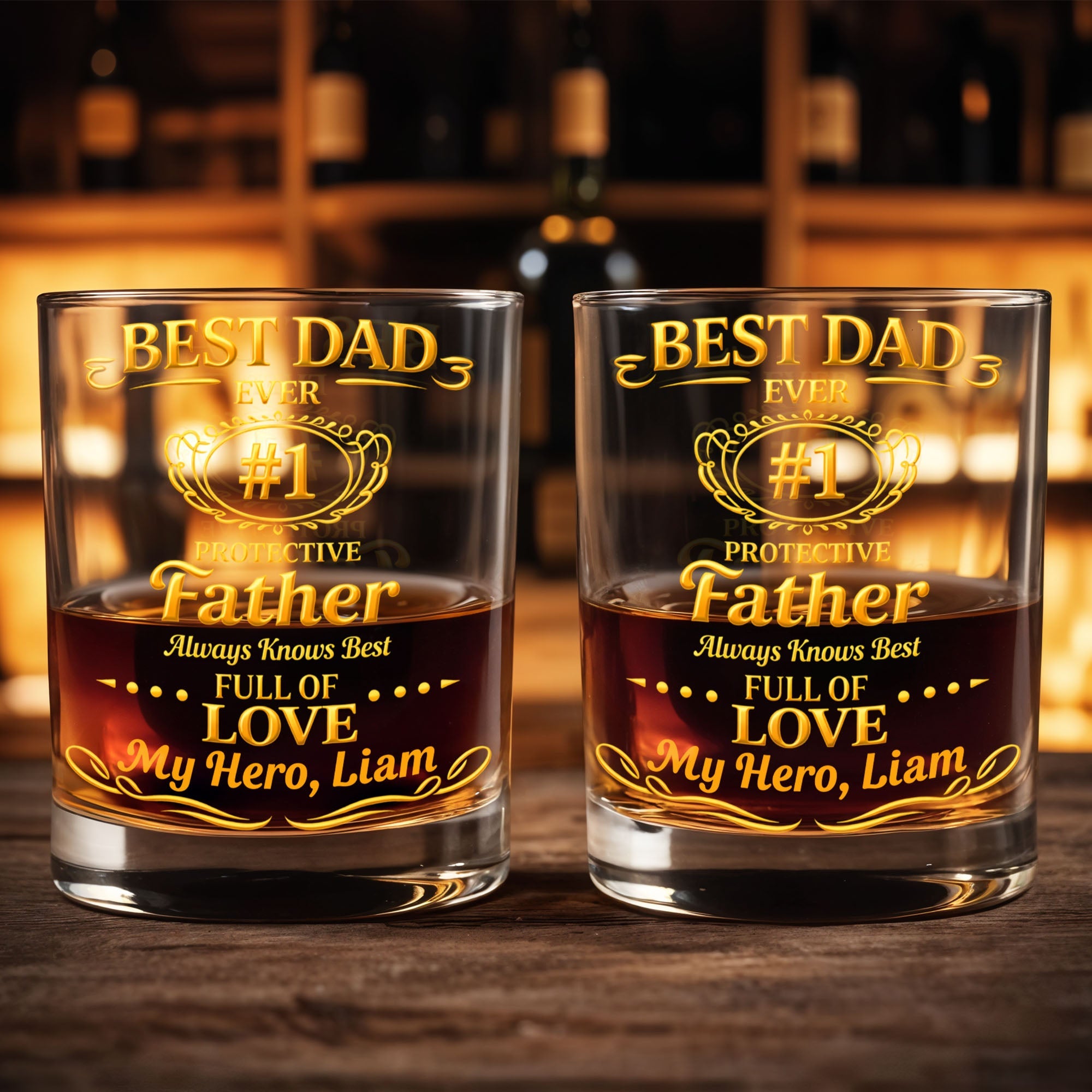 Best Dad Ever Protective Father My Hero Golden Frame - Personalized Custom Whiskey Glass - DAD295_RWG