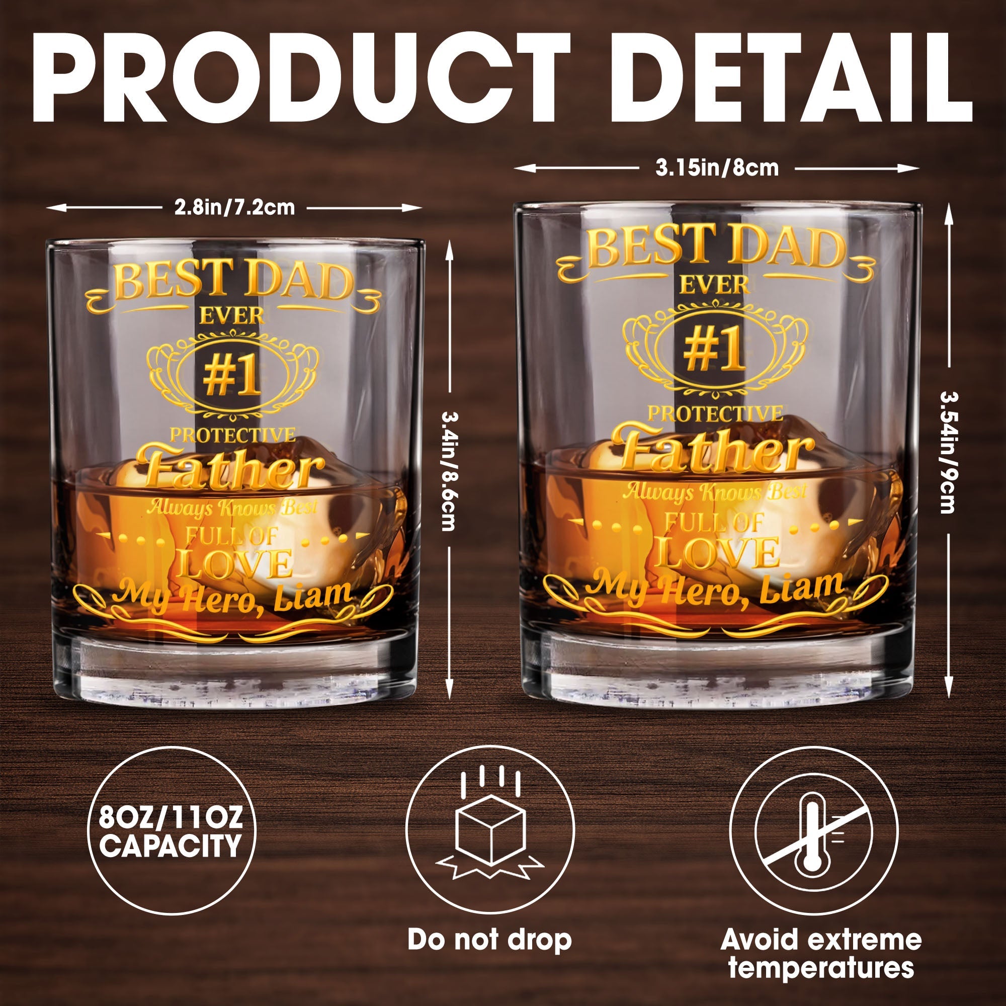 Best Dad Ever Protective Father My Hero Golden Frame - Personalized Custom Whiskey Glass - DAD295_RWG