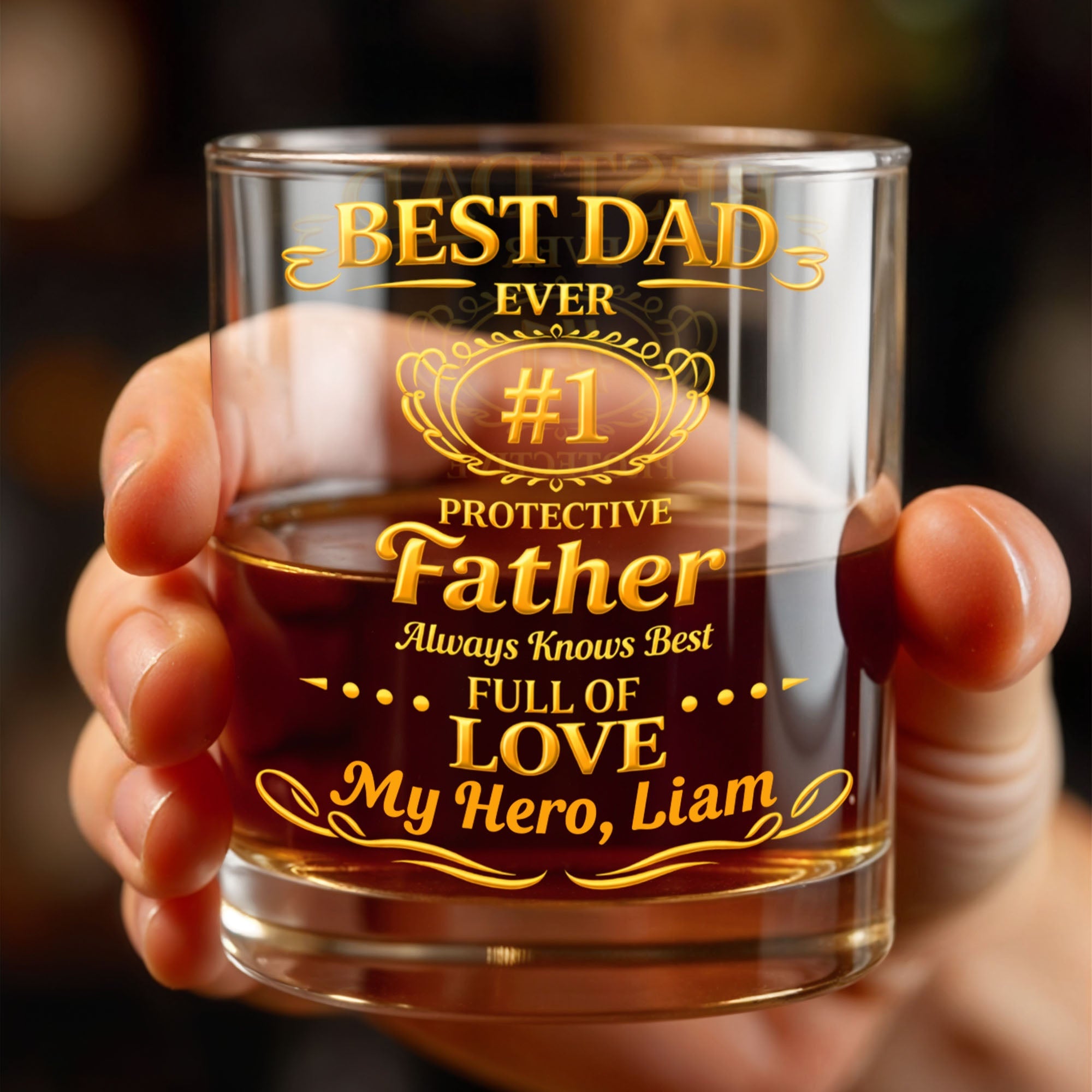 Best Dad Ever Protective Father My Hero Golden Frame - Personalized Custom Whiskey Glass - DAD295_RWG