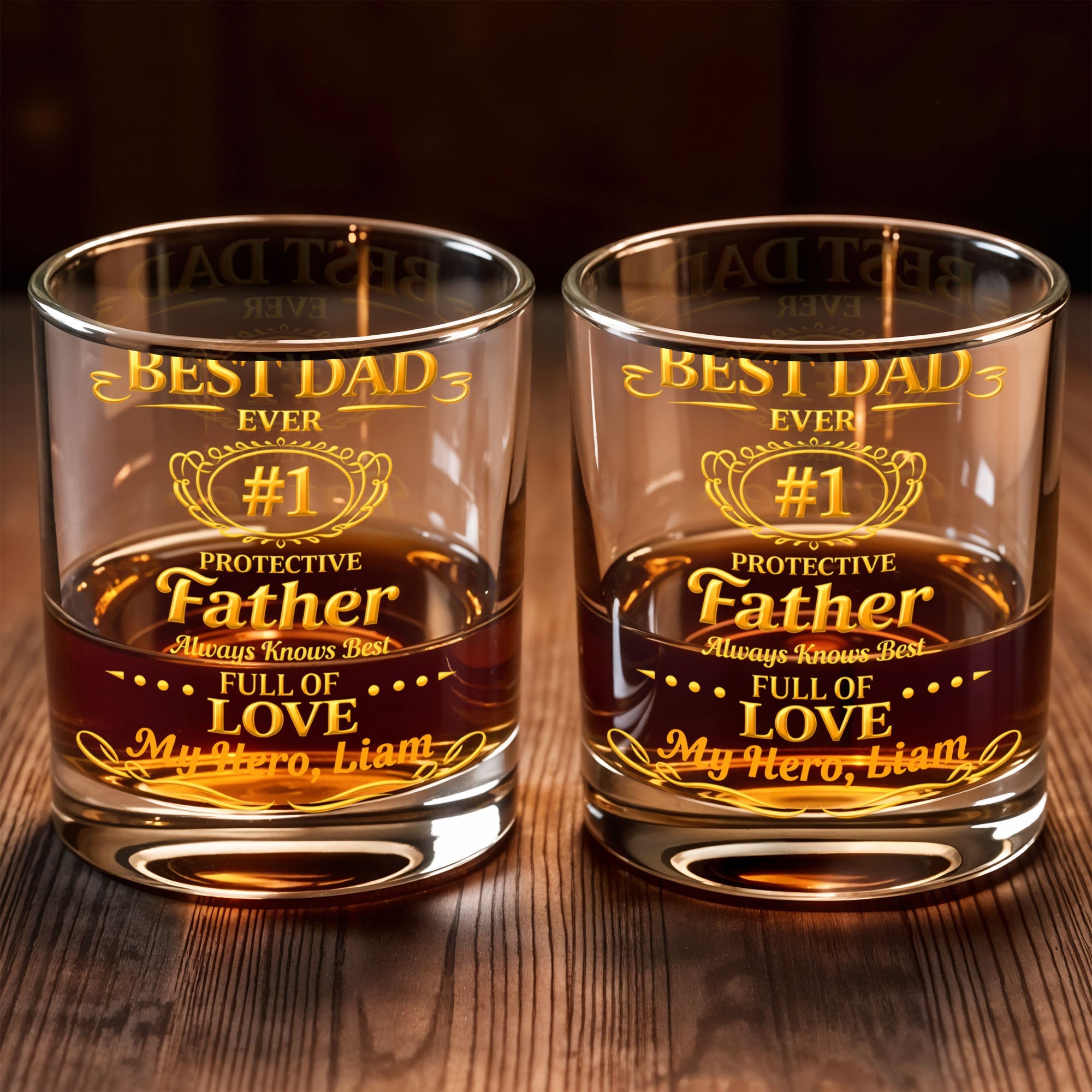 Best Dad Ever Protective Father My Hero Golden Frame - Personalized Custom Whiskey Glass - DAD295_RWG