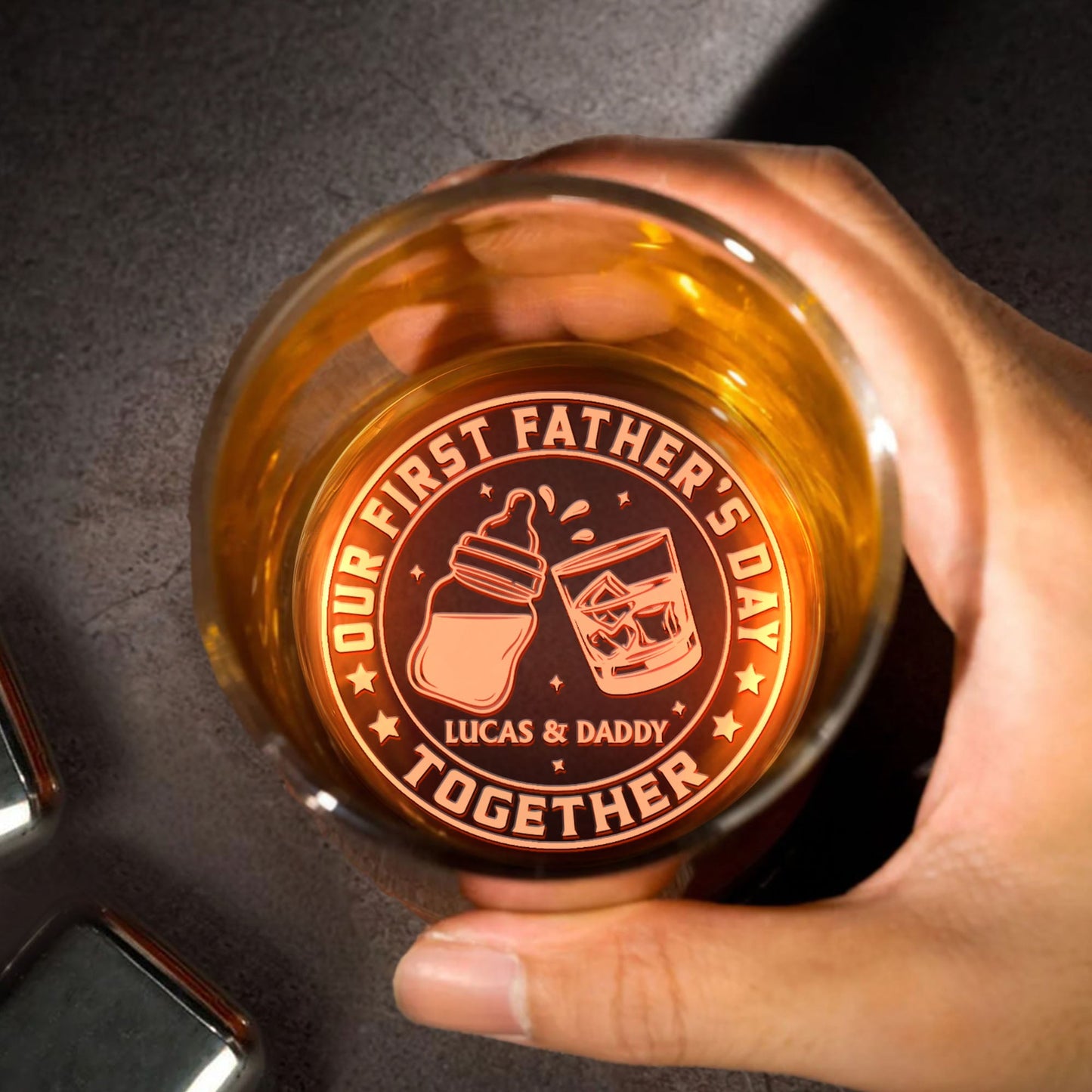 Our First Father's Day Together Baby Bottle And Whiskey Glass - Personalized Engraved Whiskey Glass - DAD298_EWG