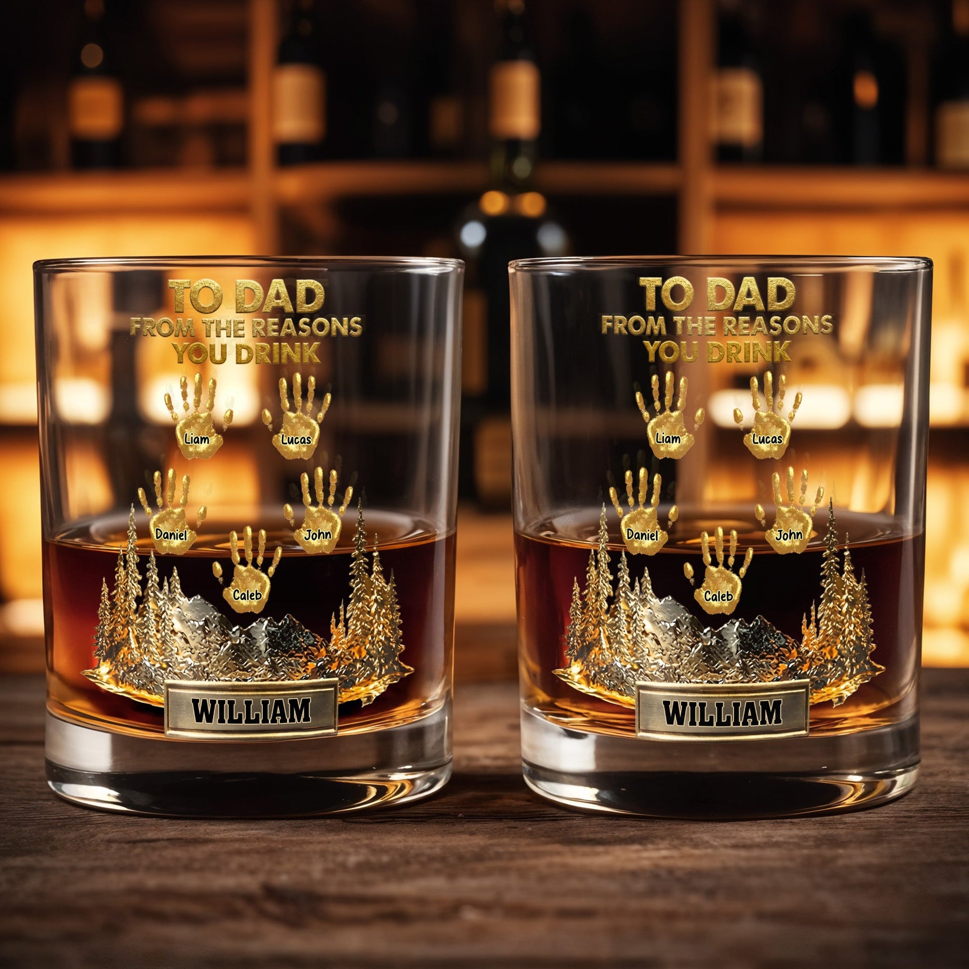 To Dad From The Reasons You Drink Handprints And Mountains - Personalized Custom Whiskey Glass - DAD299_RWG