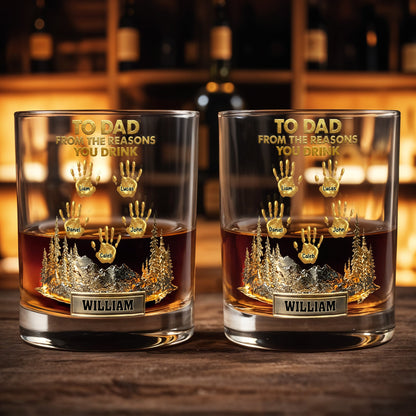 To Dad From The Reasons You Drink Handprints And Mountains - Personalized Custom Whiskey Glass - DAD299_RWG
