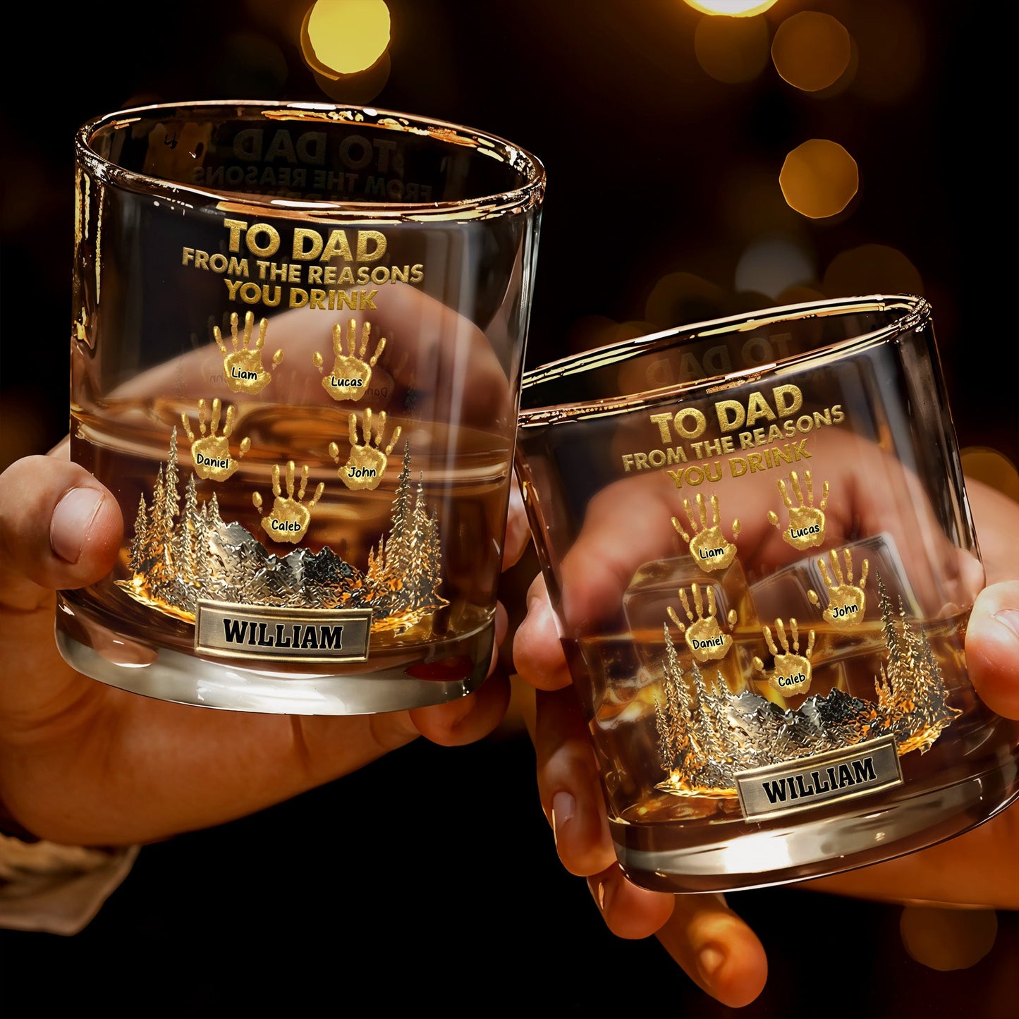 To Dad From The Reasons You Drink Handprints And Mountains - Personalized Custom Whiskey Glass - DAD299_RWG