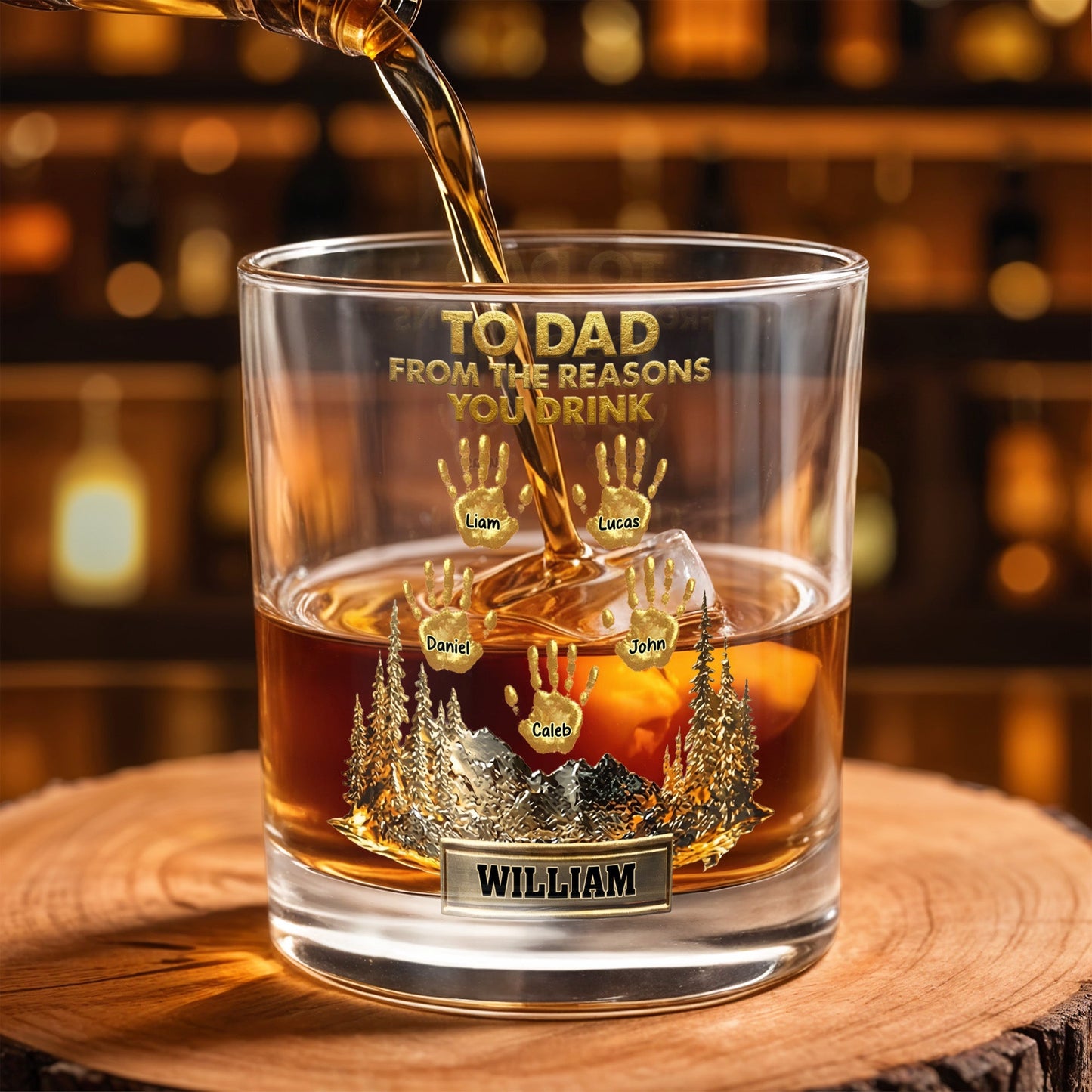 To Dad From The Reasons You Drink Handprints And Mountains - Personalized Custom Whiskey Glass - DAD299_RWG