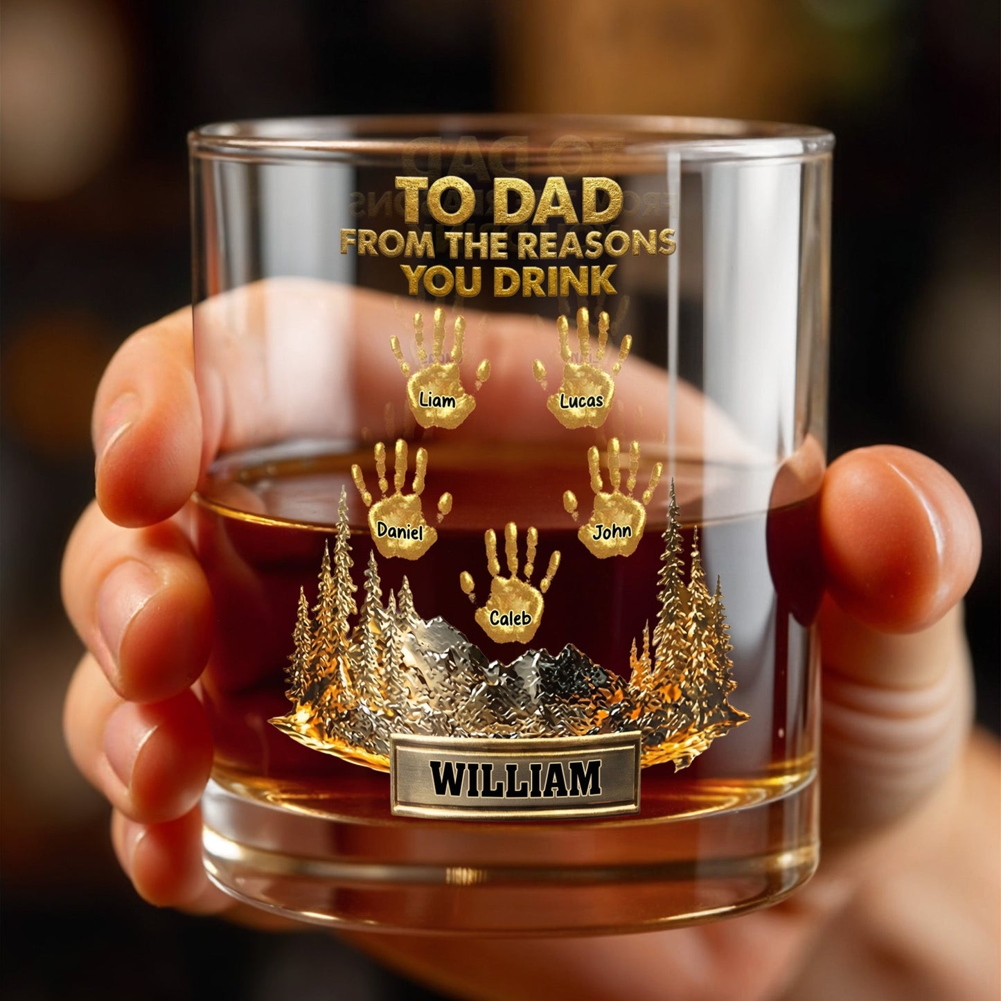 To Dad From The Reasons You Drink Handprints And Mountains - Personalized Custom Whiskey Glass - DAD299_RWG