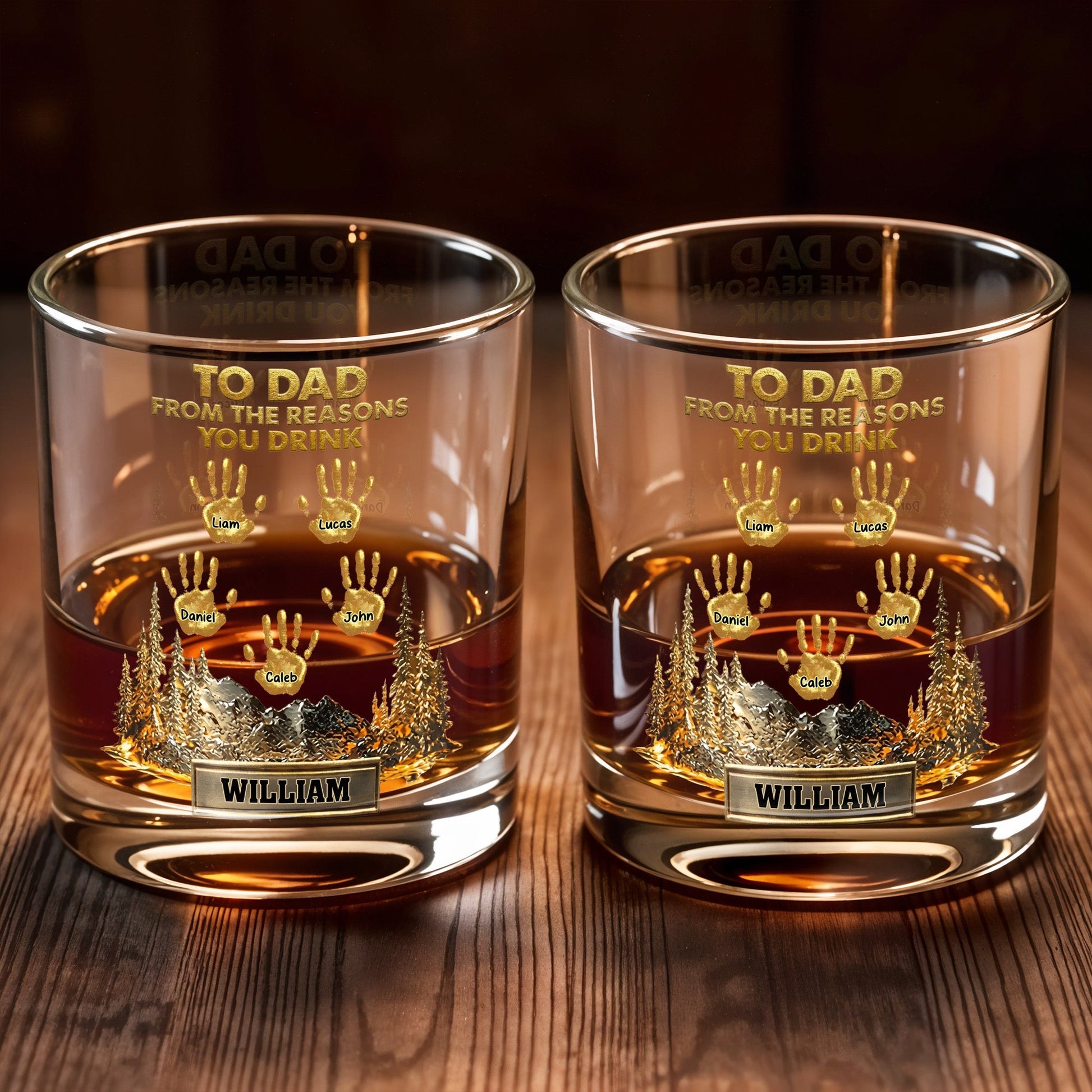 To Dad From The Reasons You Drink Handprints And Mountains - Personalized Custom Whiskey Glass - DAD299_RWG