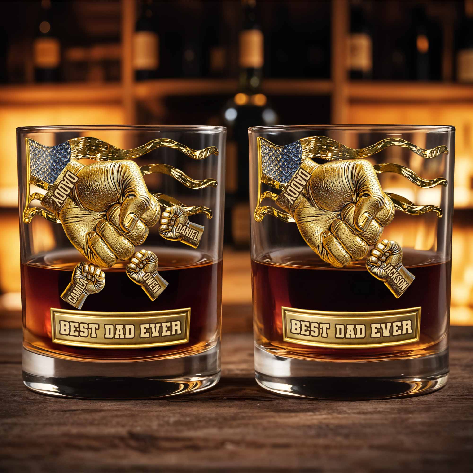 Best Dad Ever Fist Bump With American Flag - Personalized Custom Whiskey Glass - DAD300_RWG
