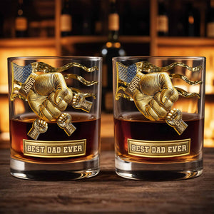Best Dad Ever Fist Bump With American Flag - Personalized Custom Whiskey Glass - DAD300_RWG