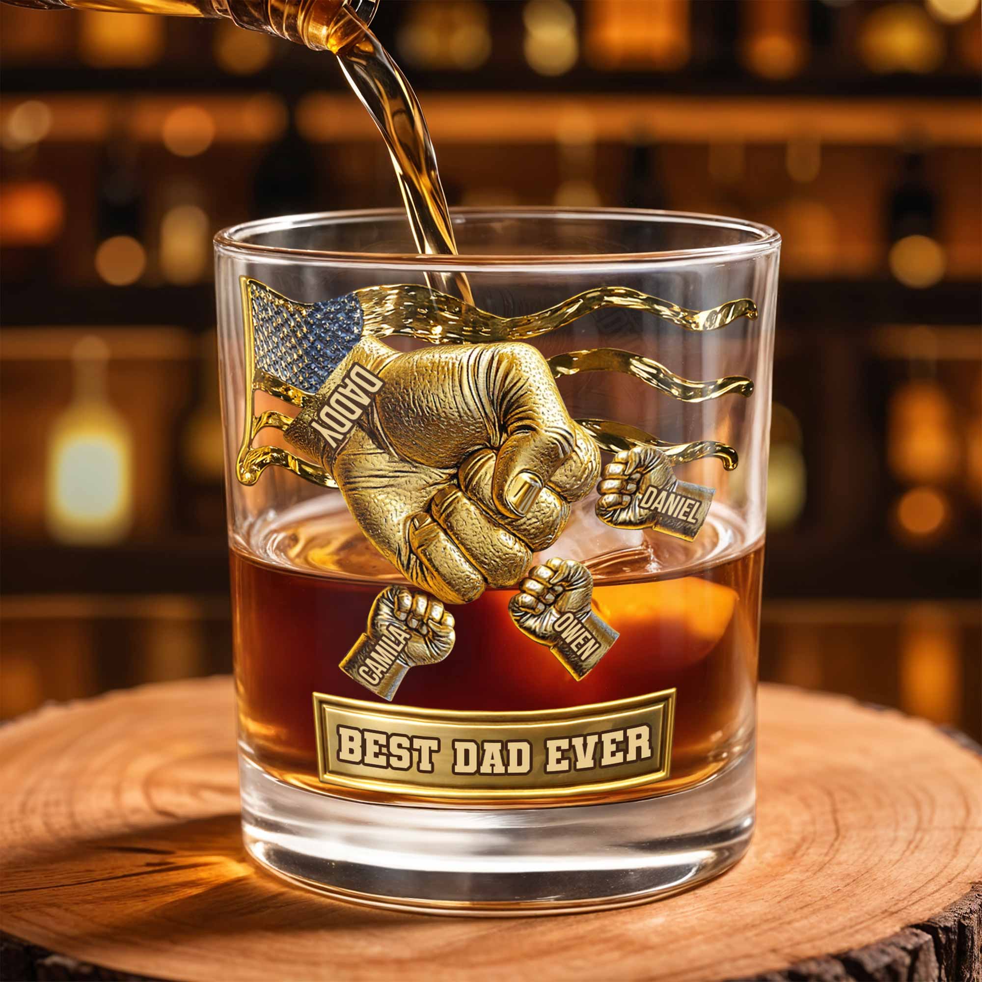 Best Dad Ever Fist Bump With American Flag - Personalized Custom Whiskey Glass - DAD300_RWG