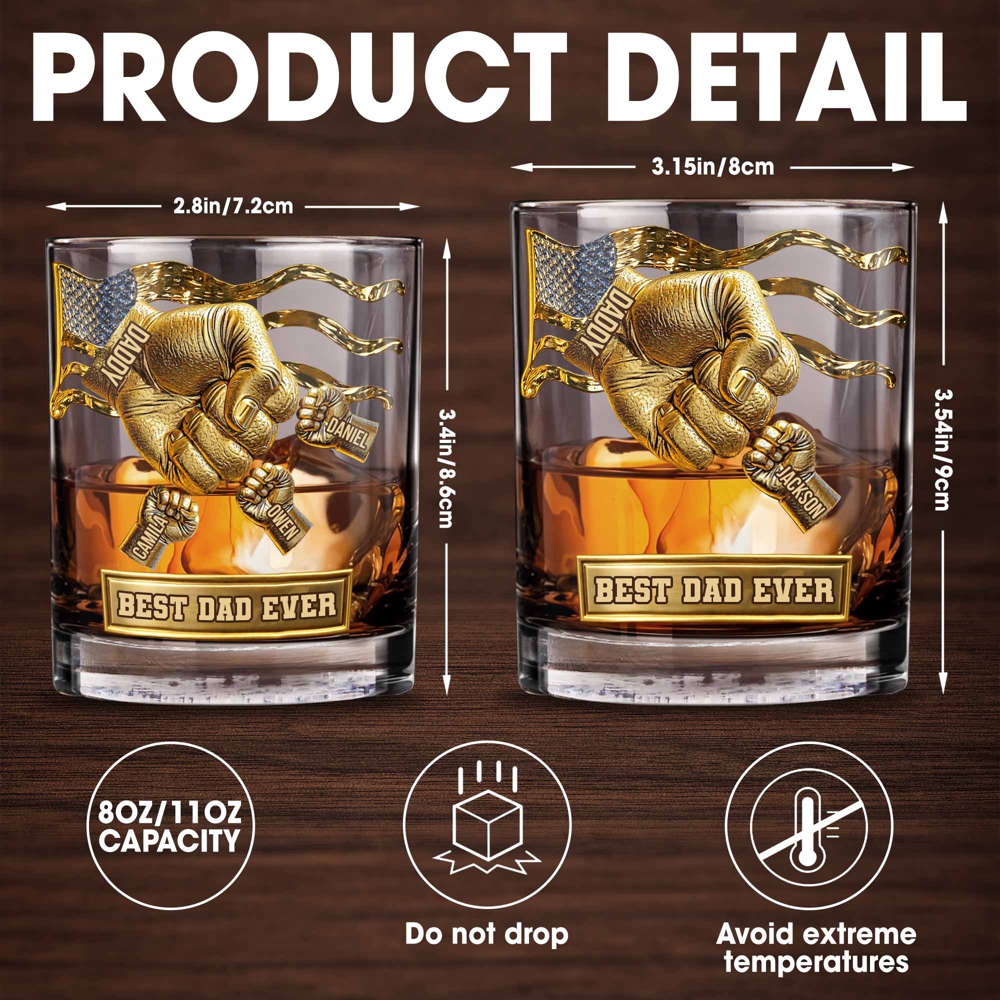 Best Dad Ever Fist Bump With American Flag - Personalized Custom Whiskey Glass - DAD300_RWG