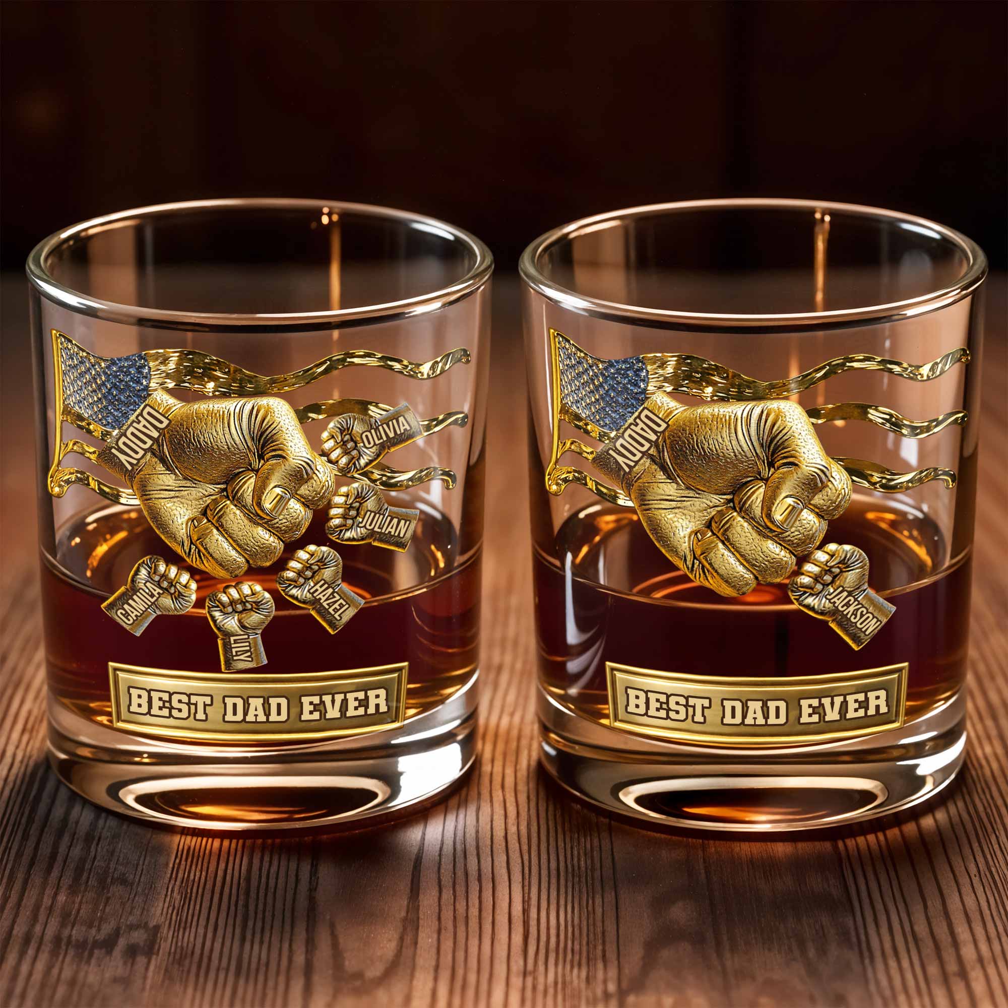 Best Dad Ever Fist Bump With American Flag - Personalized Custom Whiskey Glass - DAD300_RWG