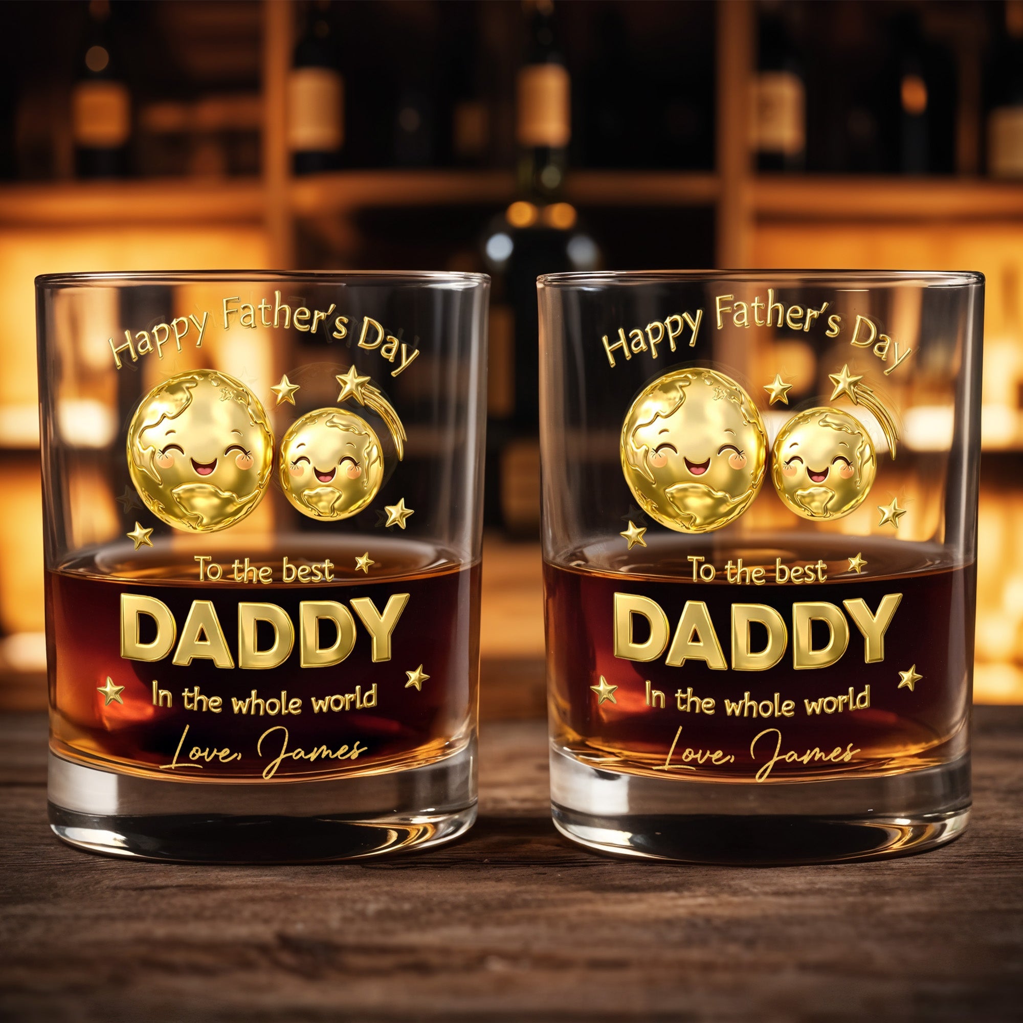 Happy Father's Day To The Best Daddy World Golden Earth Stars - Personalized Custom Whiskey Glass - DAD313_RWG