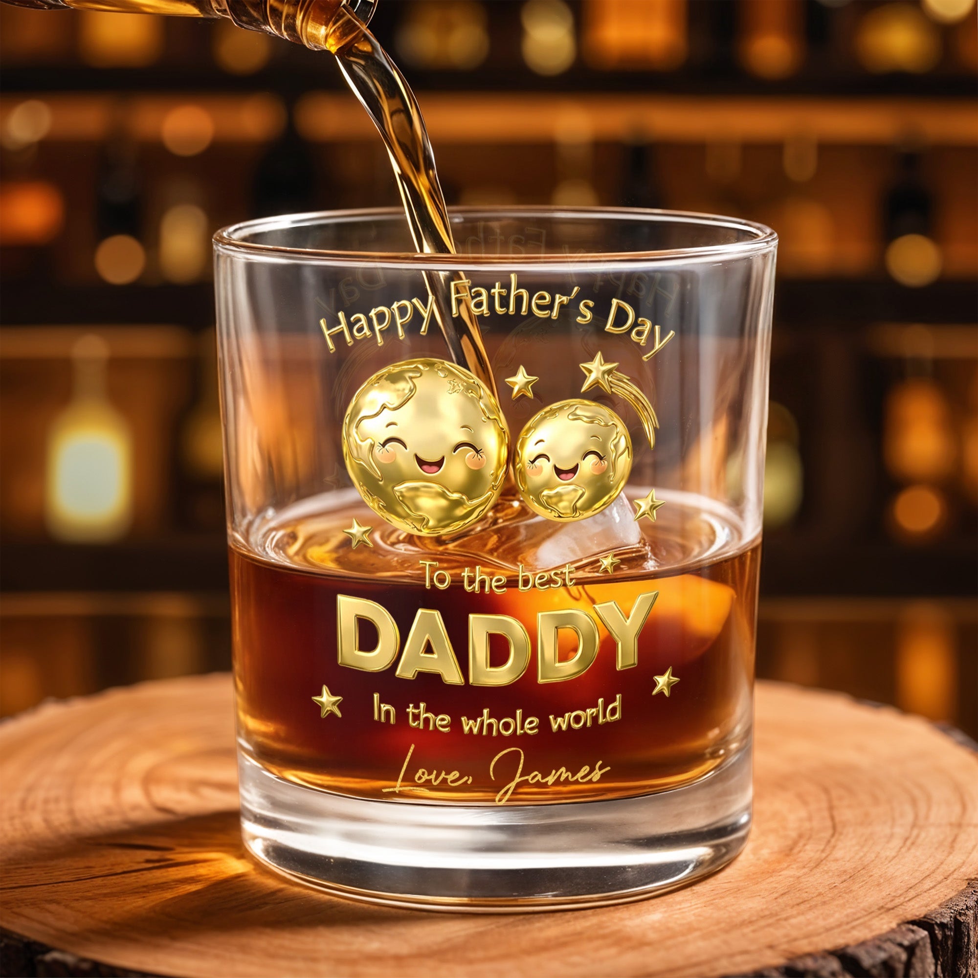 Happy Father's Day To The Best Daddy World Golden Earth Stars - Personalized Custom Whiskey Glass - DAD313_RWG