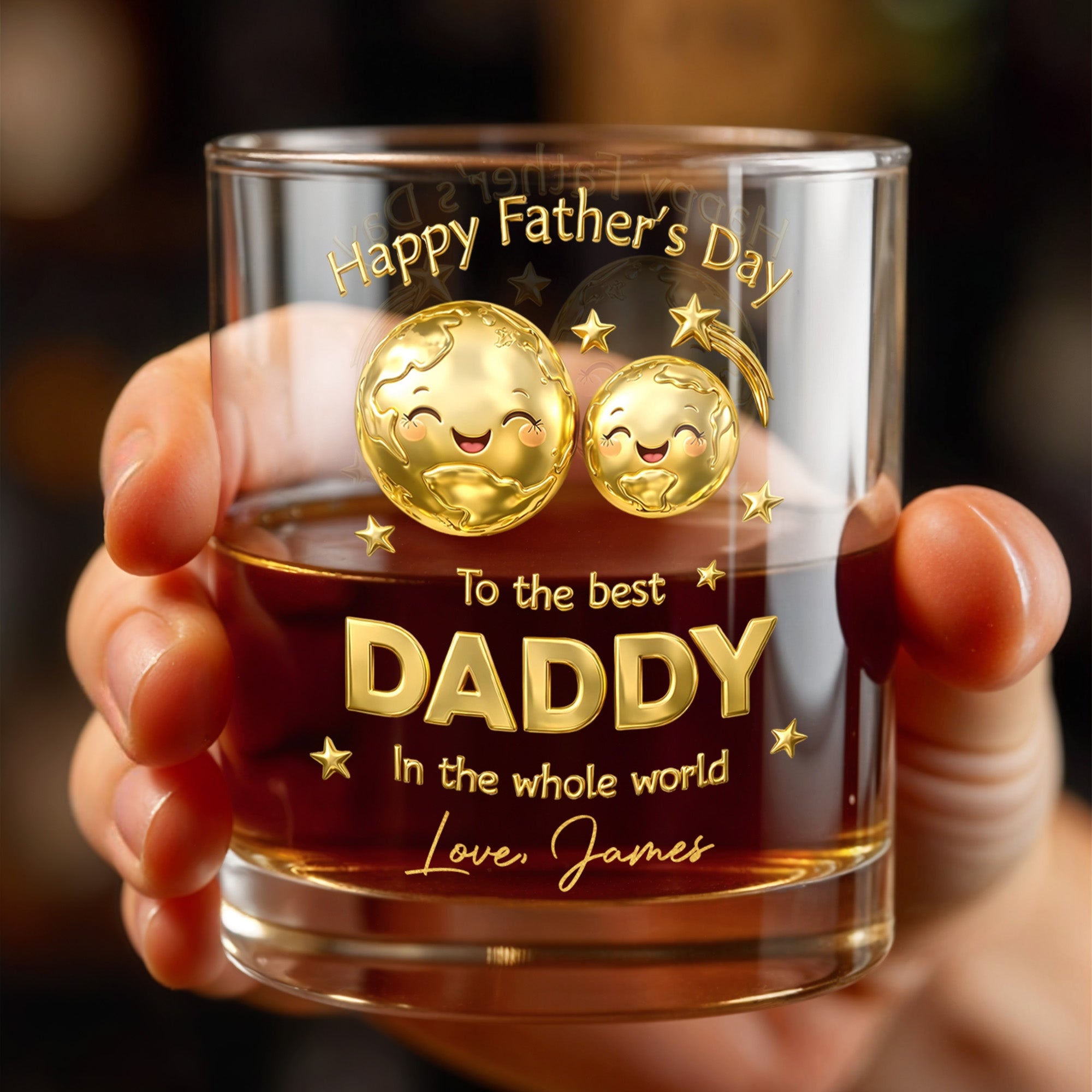 Happy Father's Day To The Best Daddy World Golden Earth Stars - Personalized Custom Whiskey Glass - DAD313_RWG