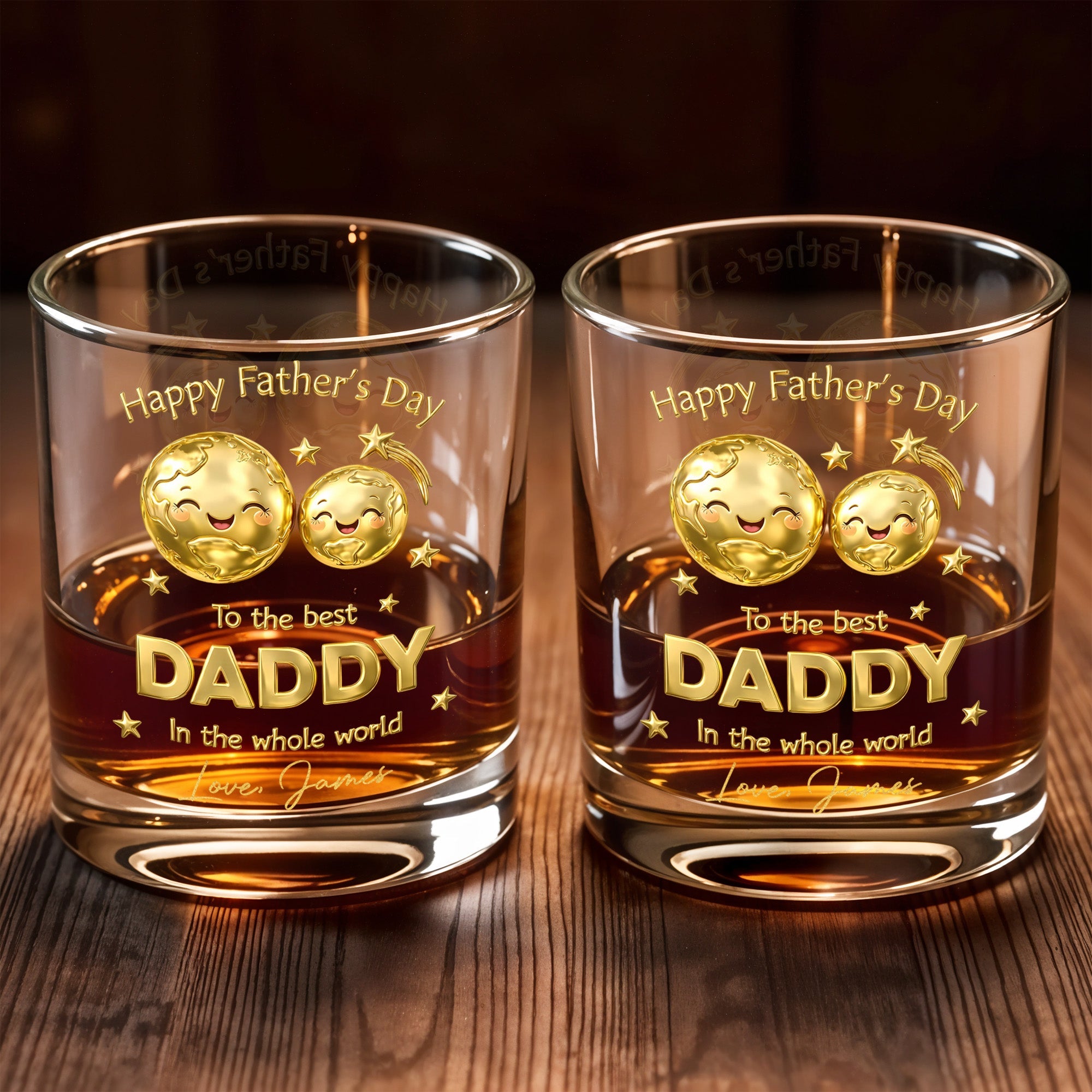 Happy Father's Day To The Best Daddy World Golden Earth Stars - Personalized Custom Whiskey Glass - DAD313_RWG