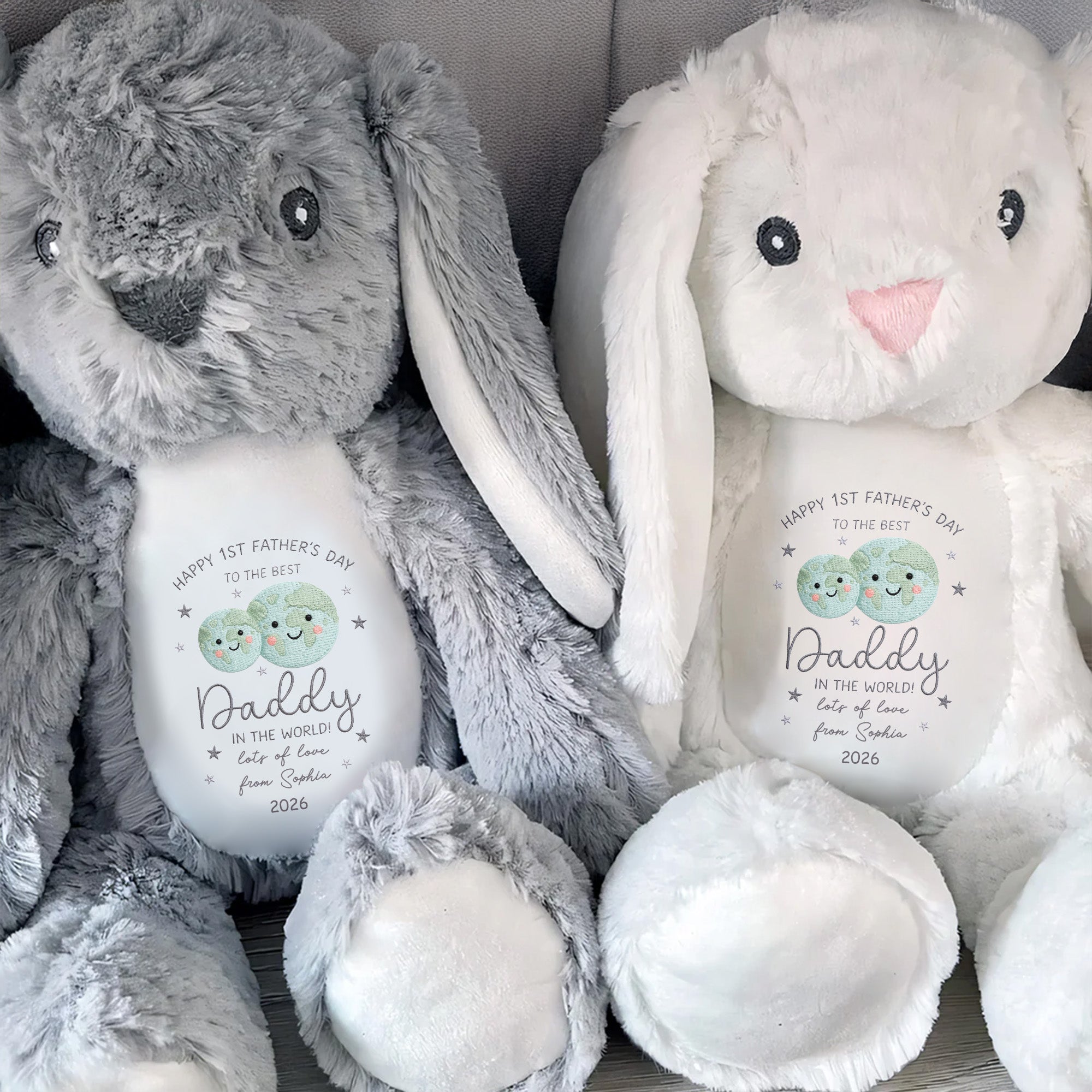 Happy 1st Father's Day Best Daddy In The World Earth And Stars - Personalized Stuffed Bunny - DAD315_BUN