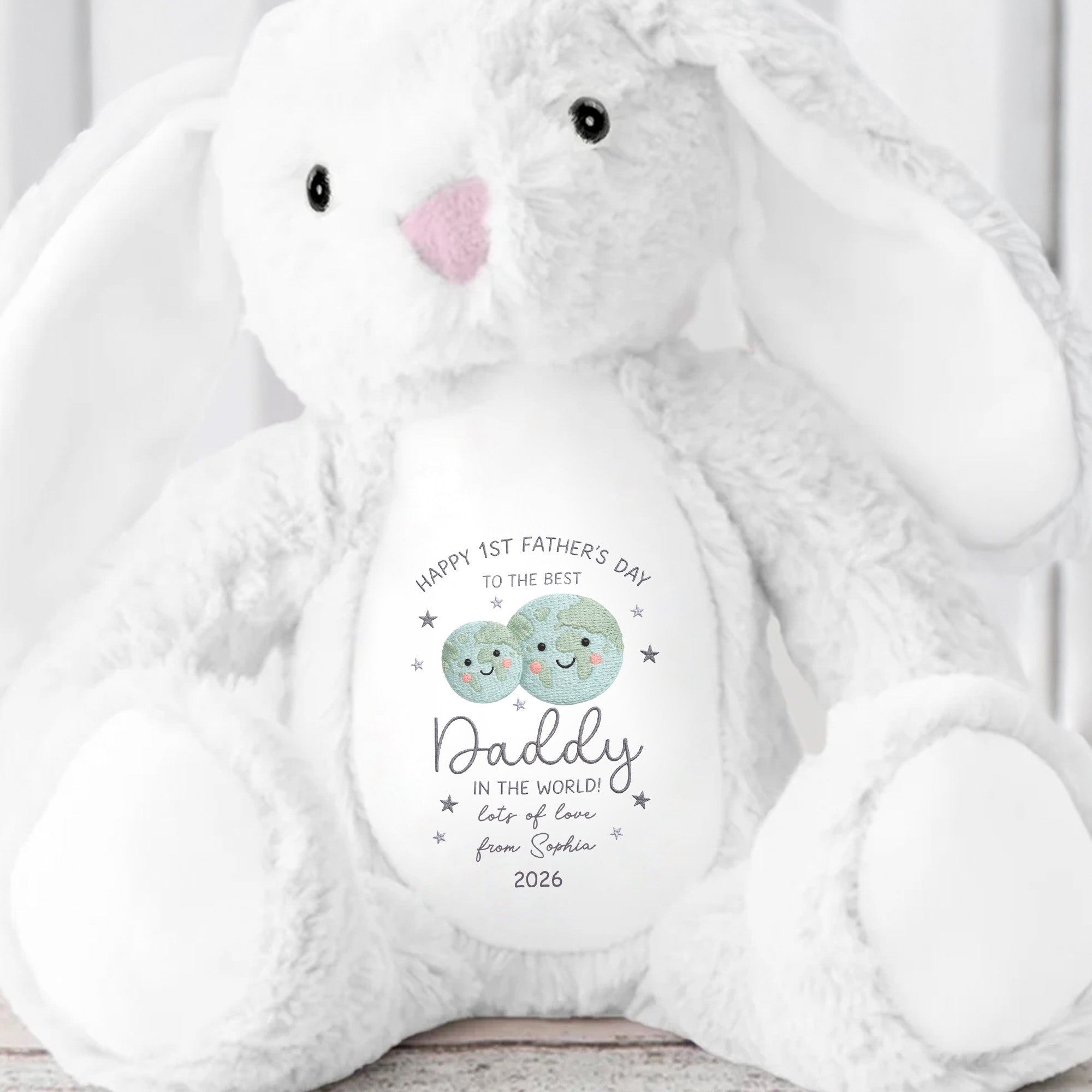 Happy 1st Father's Day Best Daddy In The World Earth And Stars - Personalized Stuffed Bunny - DAD315_BUN