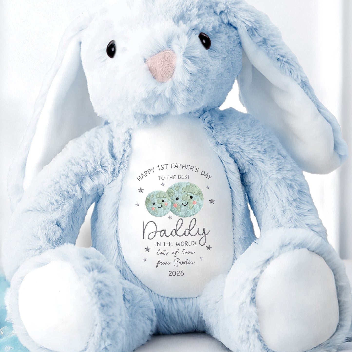 Happy 1st Father's Day Best Daddy In The World Earth And Stars - Personalized Stuffed Bunny - DAD315_BUN