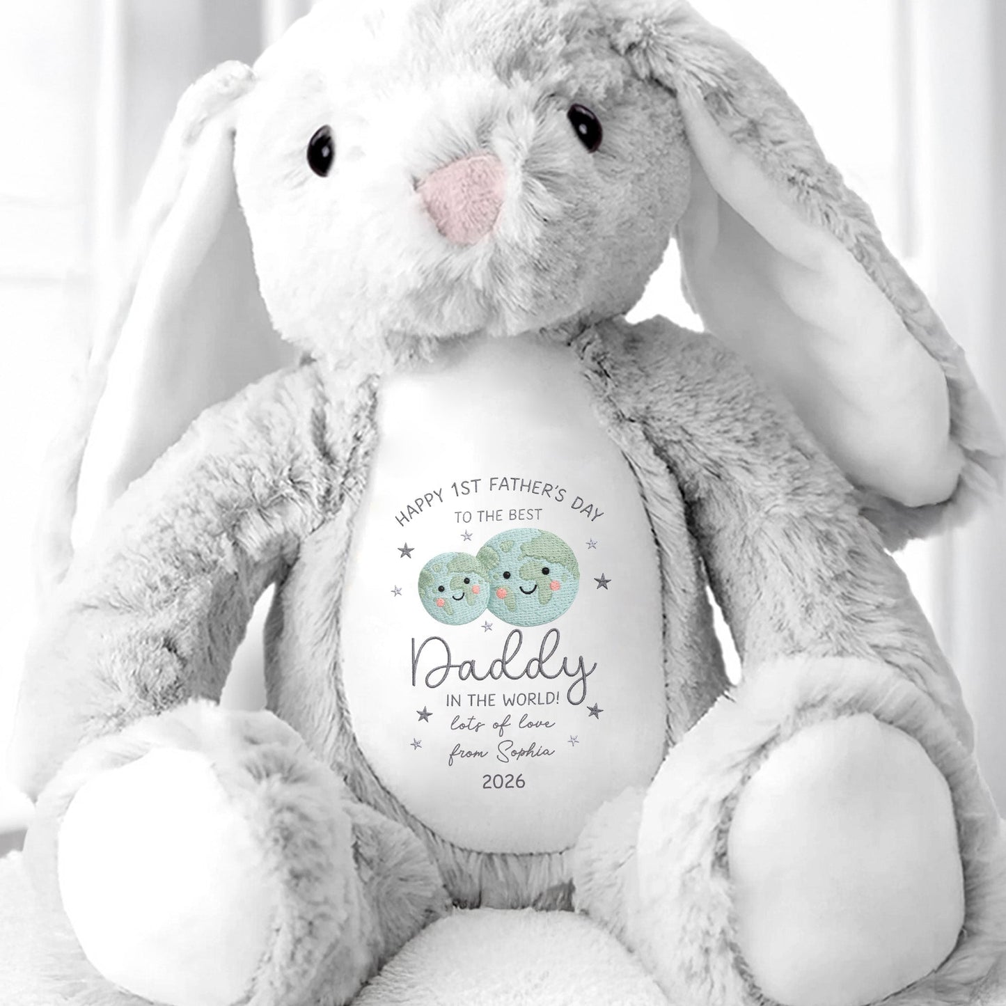 Happy 1st Father's Day Best Daddy In The World Earth And Stars - Personalized Stuffed Bunny - DAD315_BUN