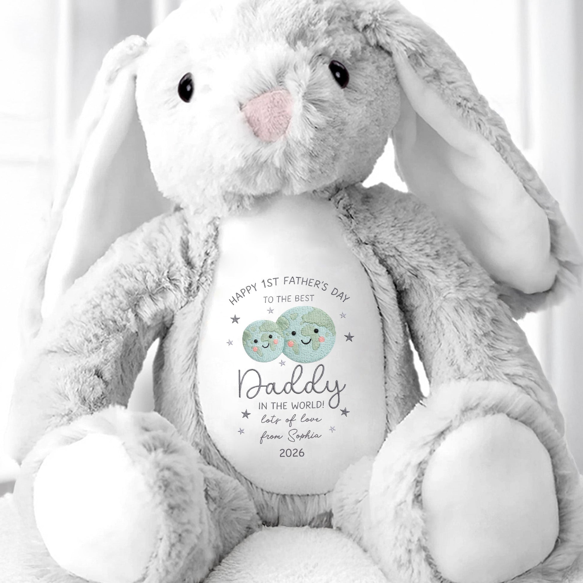 Happy 1st Father's Day Best Daddy In The World Earth And Stars - Personalized Stuffed Bunny - DAD315_BUN