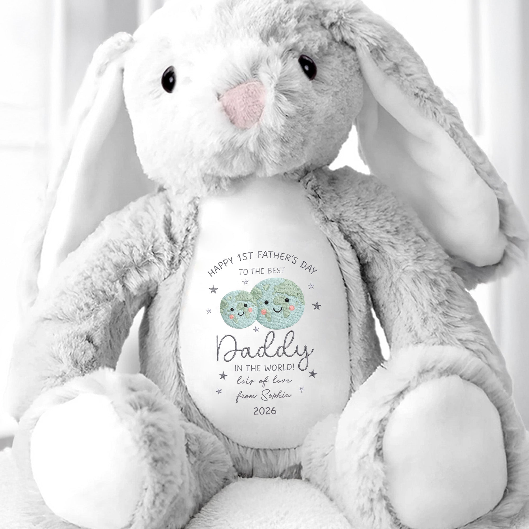 Happy 1st Father's Day Best Daddy In The World Earth And Stars - Personalized Stuffed Bunny - DAD315_BUN