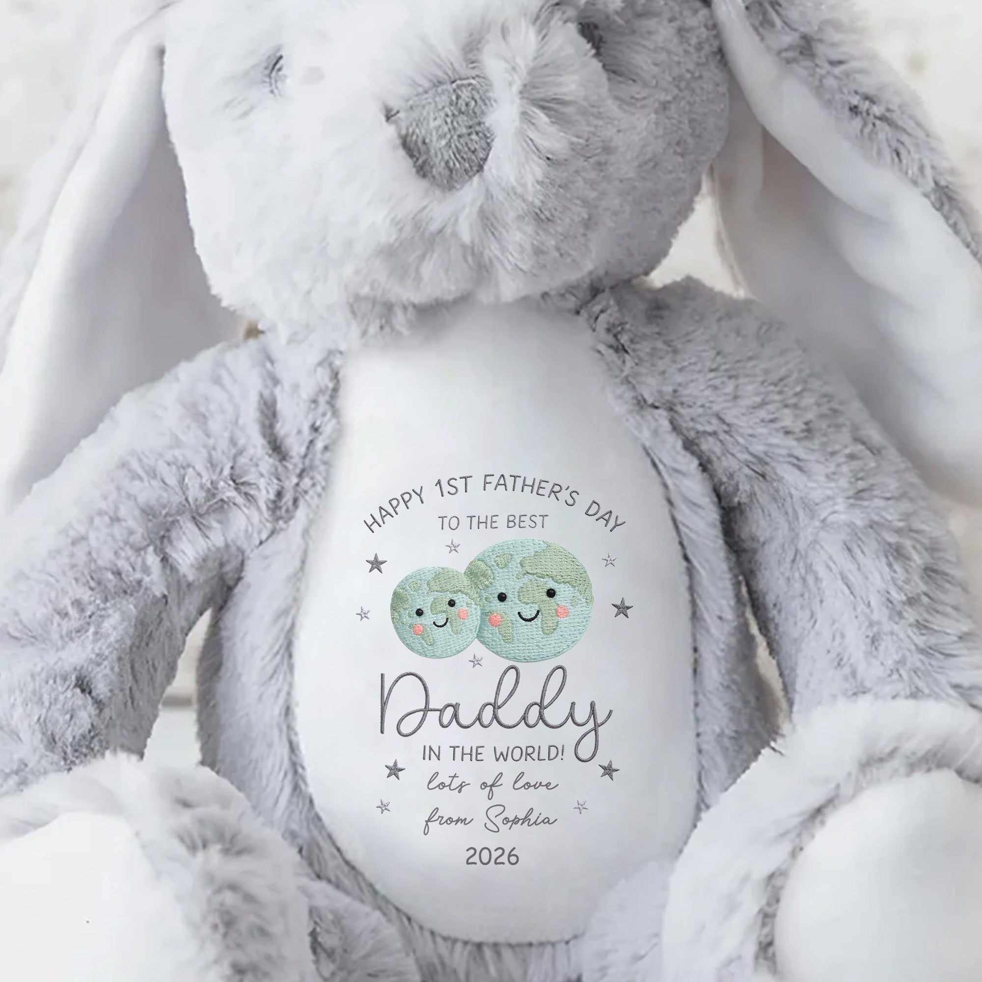 Happy 1st Father's Day Best Daddy In The World Earth And Stars - Personalized Stuffed Bunny - DAD315_BUN
