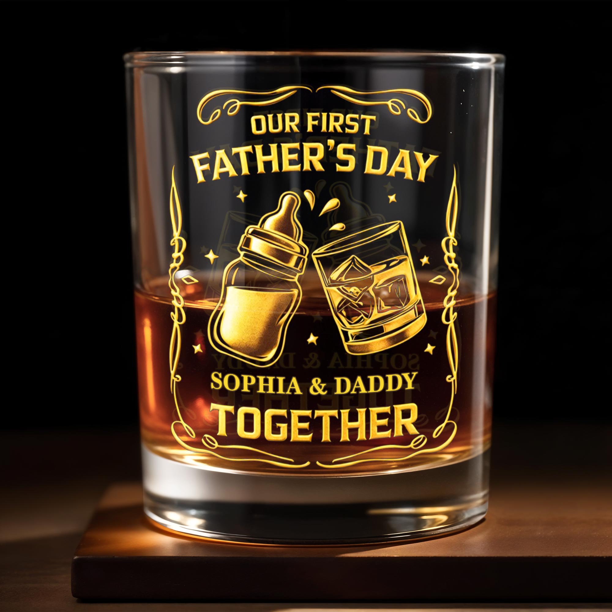 Our First Father's Day Together With Baby Bottle And Whiskey Glass - Personalized Custom Whiskey Glass - DAD319_RWG