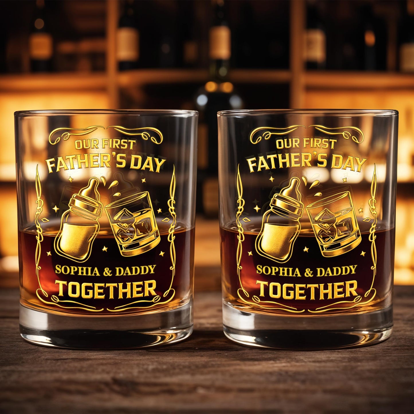 Our First Father's Day Together With Baby Bottle And Whiskey Glass - Personalized Custom Whiskey Glass - DAD319_RWG