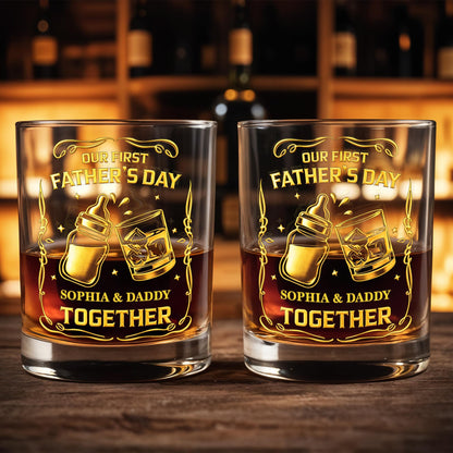 Our First Father's Day Together With Baby Bottle And Whiskey Glass - Personalized Custom Whiskey Glass - DAD319_RWG