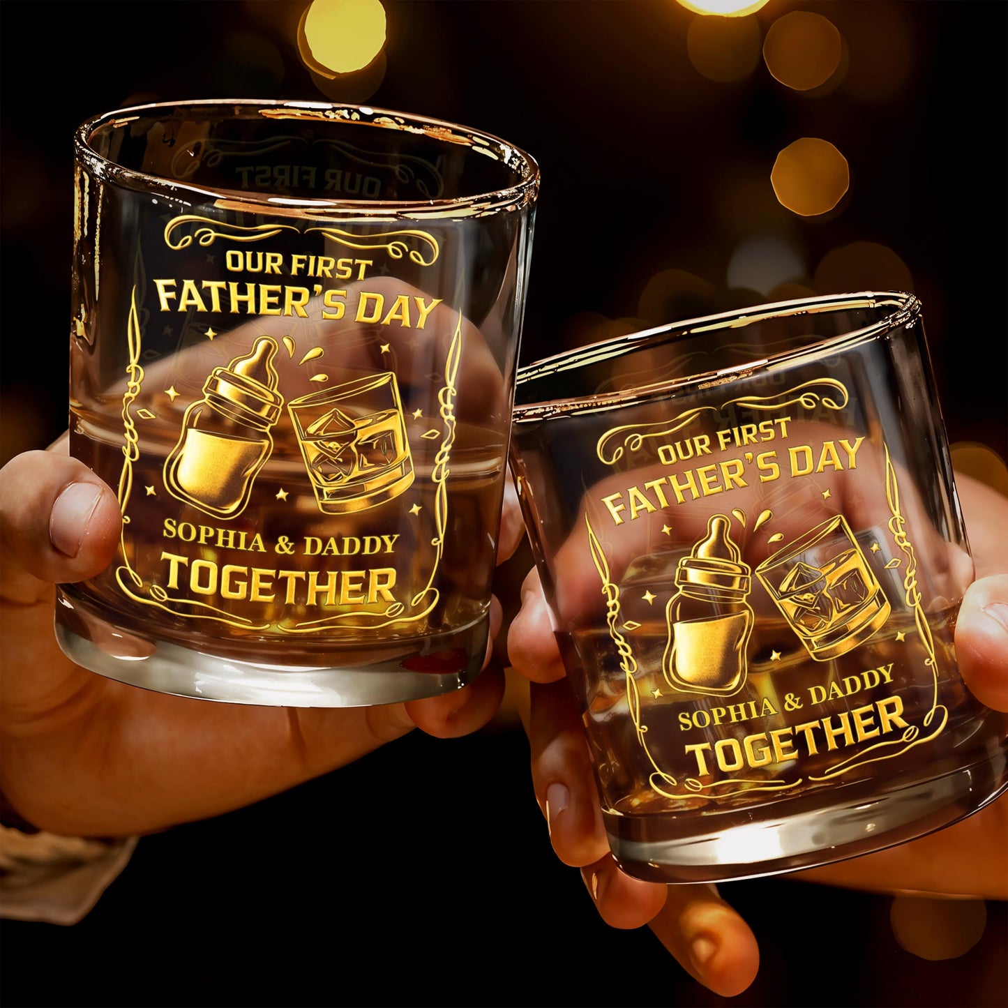 Our First Father's Day Together With Baby Bottle And Whiskey Glass - Personalized Custom Whiskey Glass - DAD319_RWG