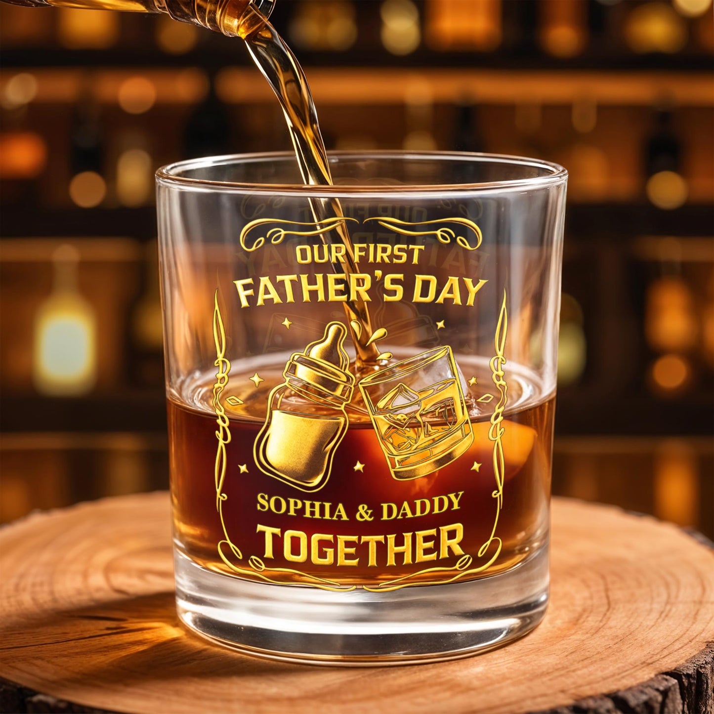 Our First Father's Day Together With Baby Bottle And Whiskey Glass - Personalized Custom Whiskey Glass - DAD319_RWG
