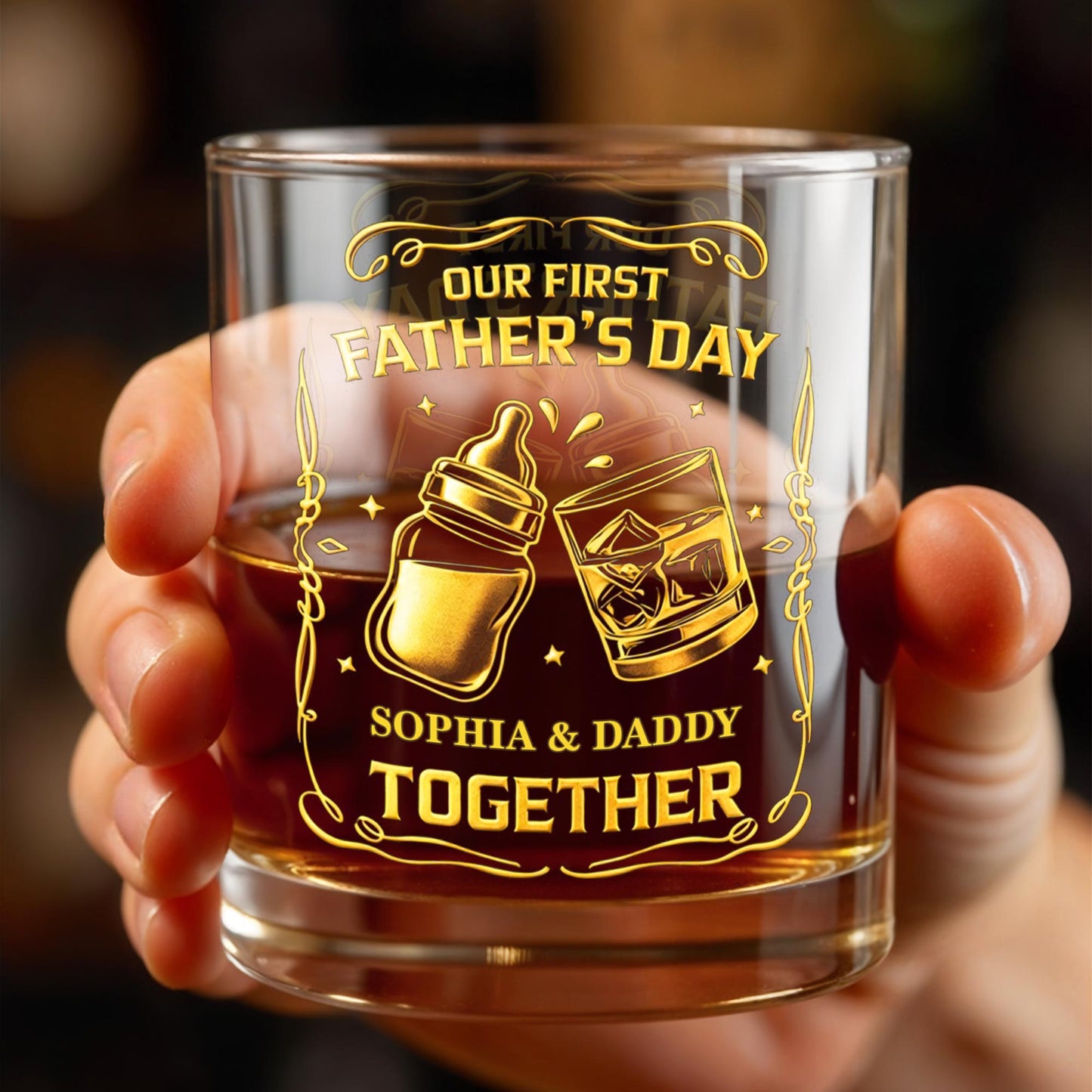 Our First Father's Day Together With Baby Bottle And Whiskey Glass - Personalized Custom Whiskey Glass - DAD319_RWG