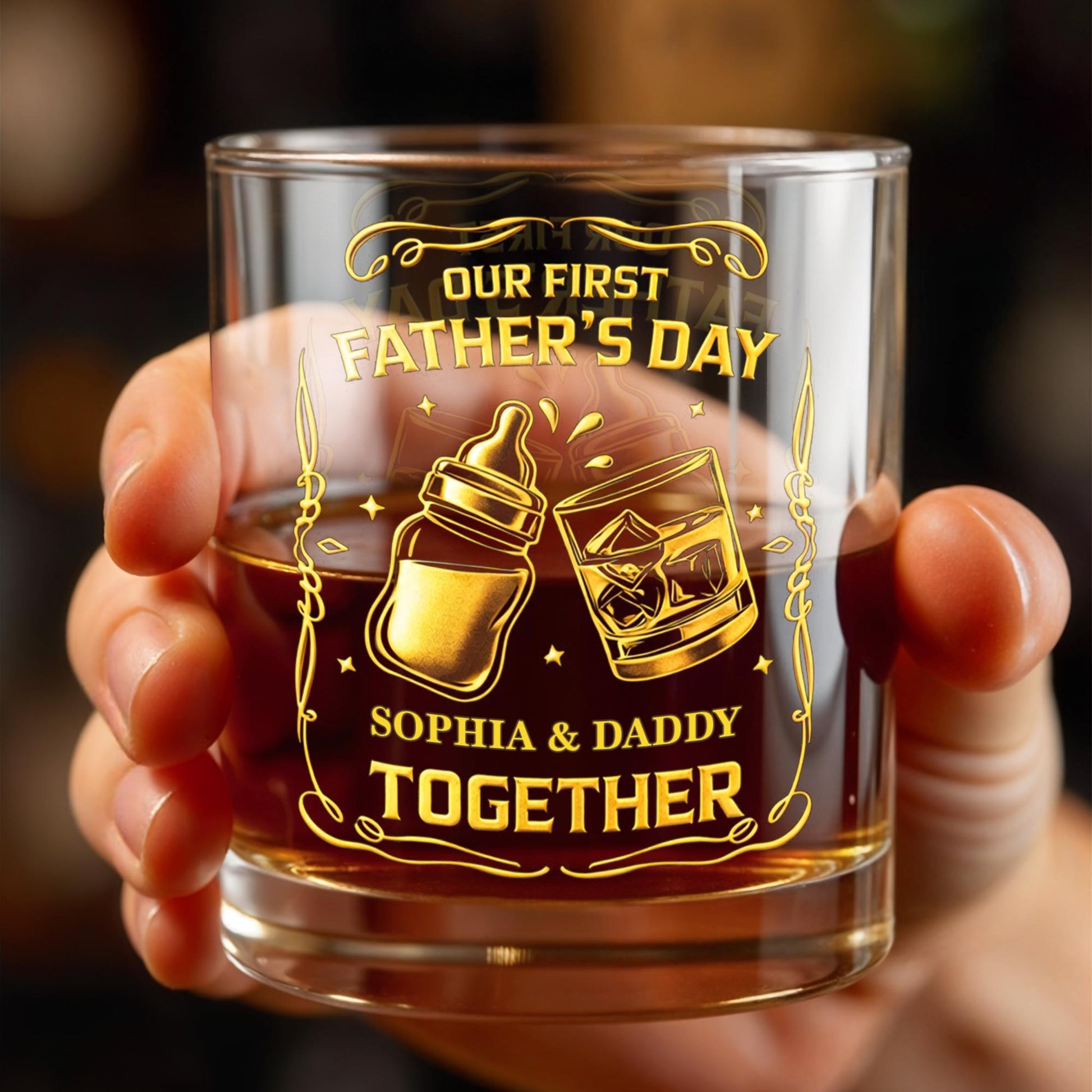 Our First Father's Day Together With Baby Bottle And Whiskey Glass - Personalized Custom Whiskey Glass - DAD319_RWG
