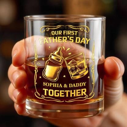 Our First Father's Day Together With Baby Bottle And Whiskey Glass - Personalized Custom Whiskey Glass - DAD319_RWG