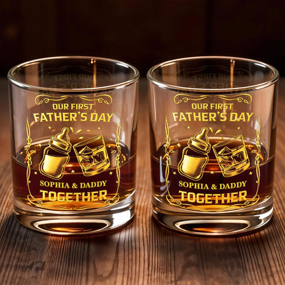 Our First Father's Day Together With Baby Bottle And Whiskey Glass - Personalized Custom Whiskey Glass - DAD319_RWG