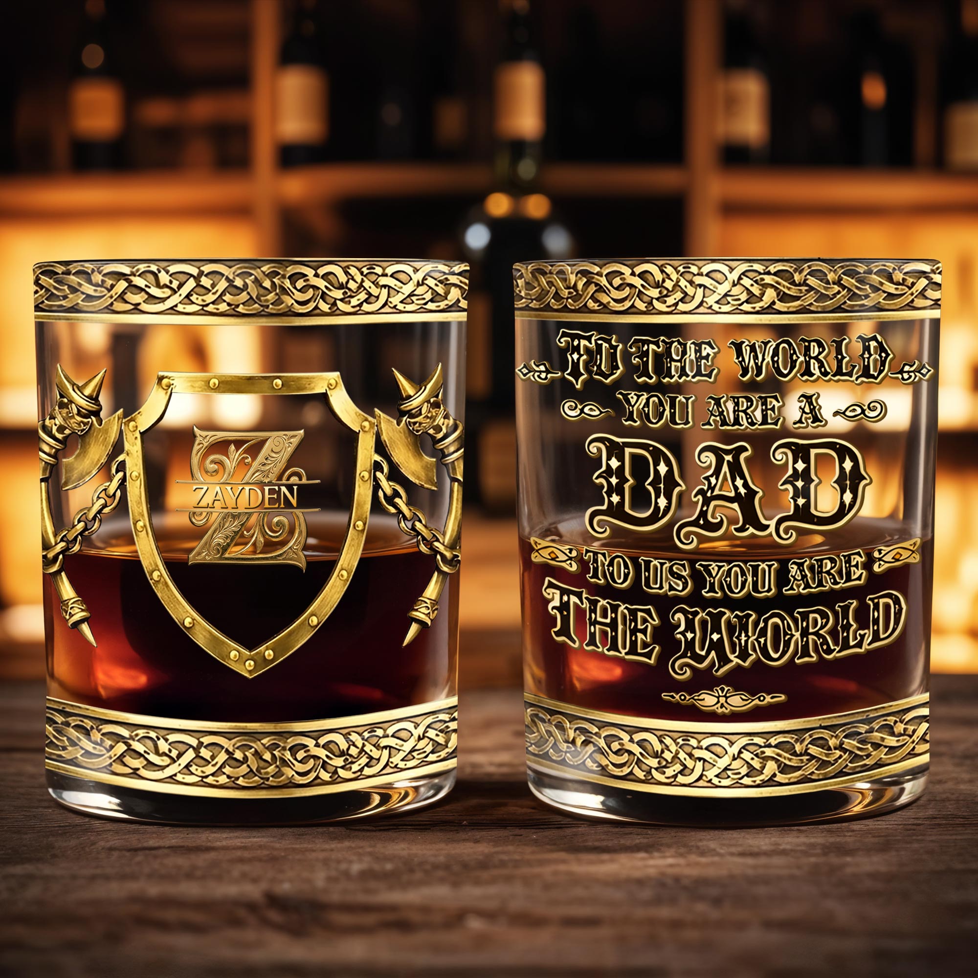 To The World You Are A Dad Medieval Shield And Golden Axes - Personalized Custom Whiskey Glass - DAD325_RWG